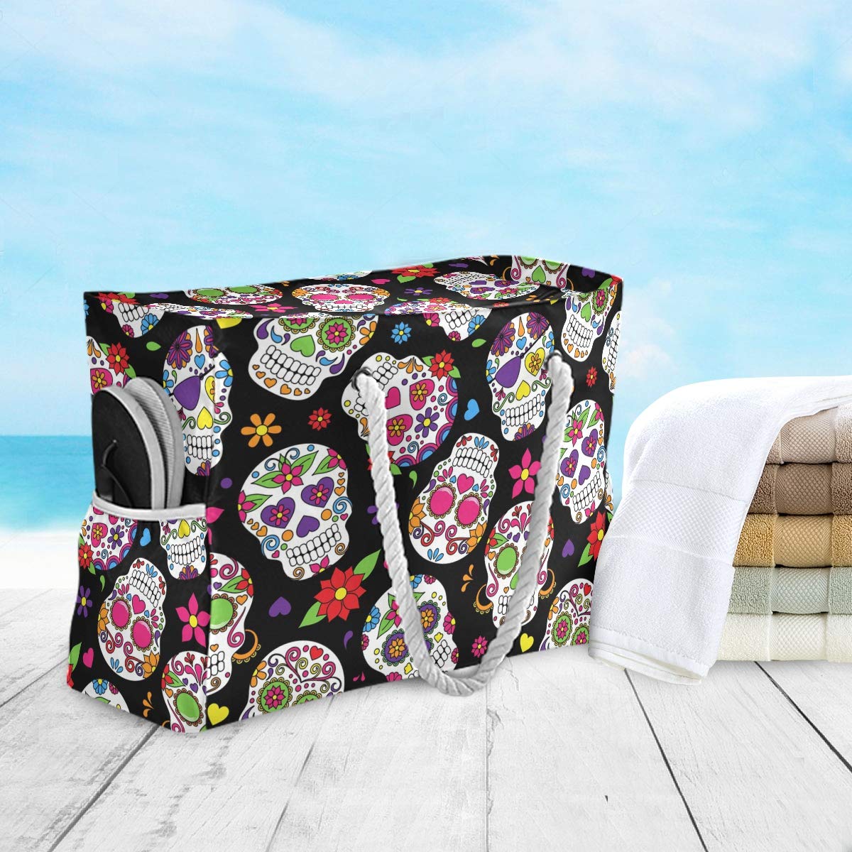 ALAZA Sugar Skull Beach Tote Bag - Stylish Halloween & Day of the Dead Travel Bag for Women, Waterproof Camping & Gym Tote - Perfect for Beach Trips, Workouts & Festival Outings