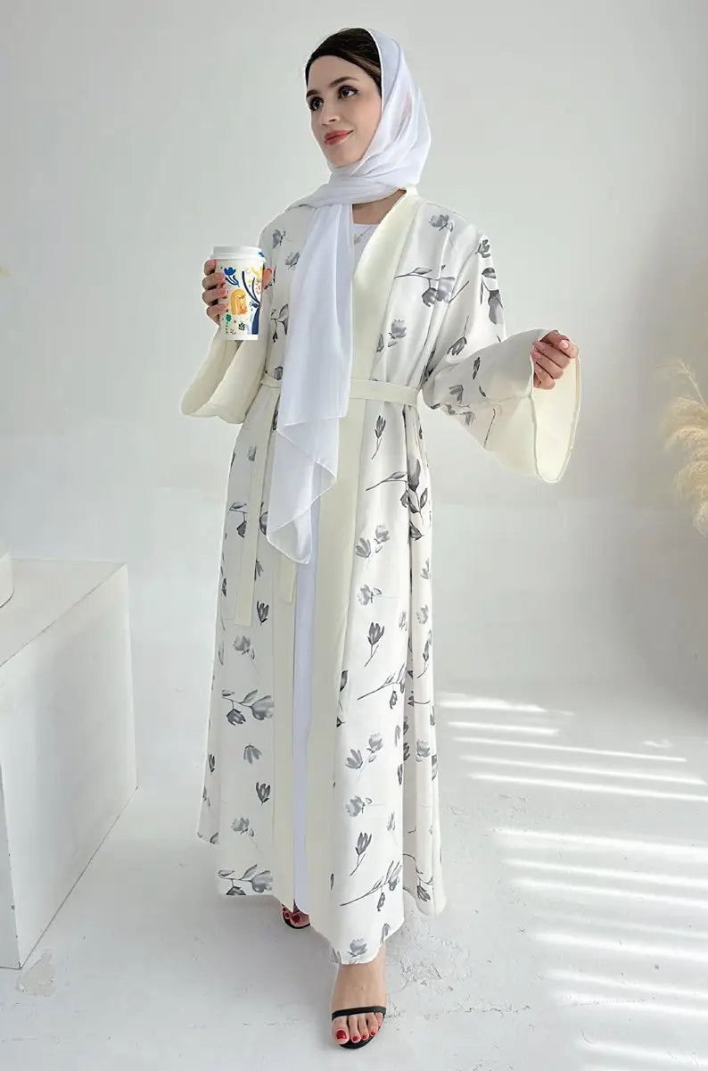 Elegant Muslim Women's Printed Open Abaya Dress - Modest Islamic Fashion for Prayer & Daily Wear