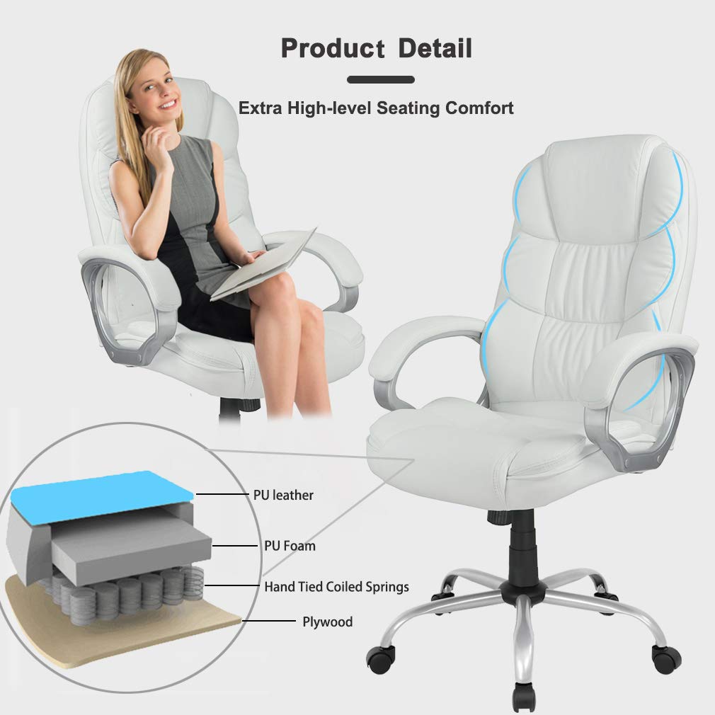 Ergonomic Office Chair with Lumbar Support - Adjustable Height Rolling Swivel Desk Chair for Back Pain Relief - Modern Executive Computer Chair with Arms for Women & Adults - Perfect for Home Office, Gaming, and Workspaces (White)