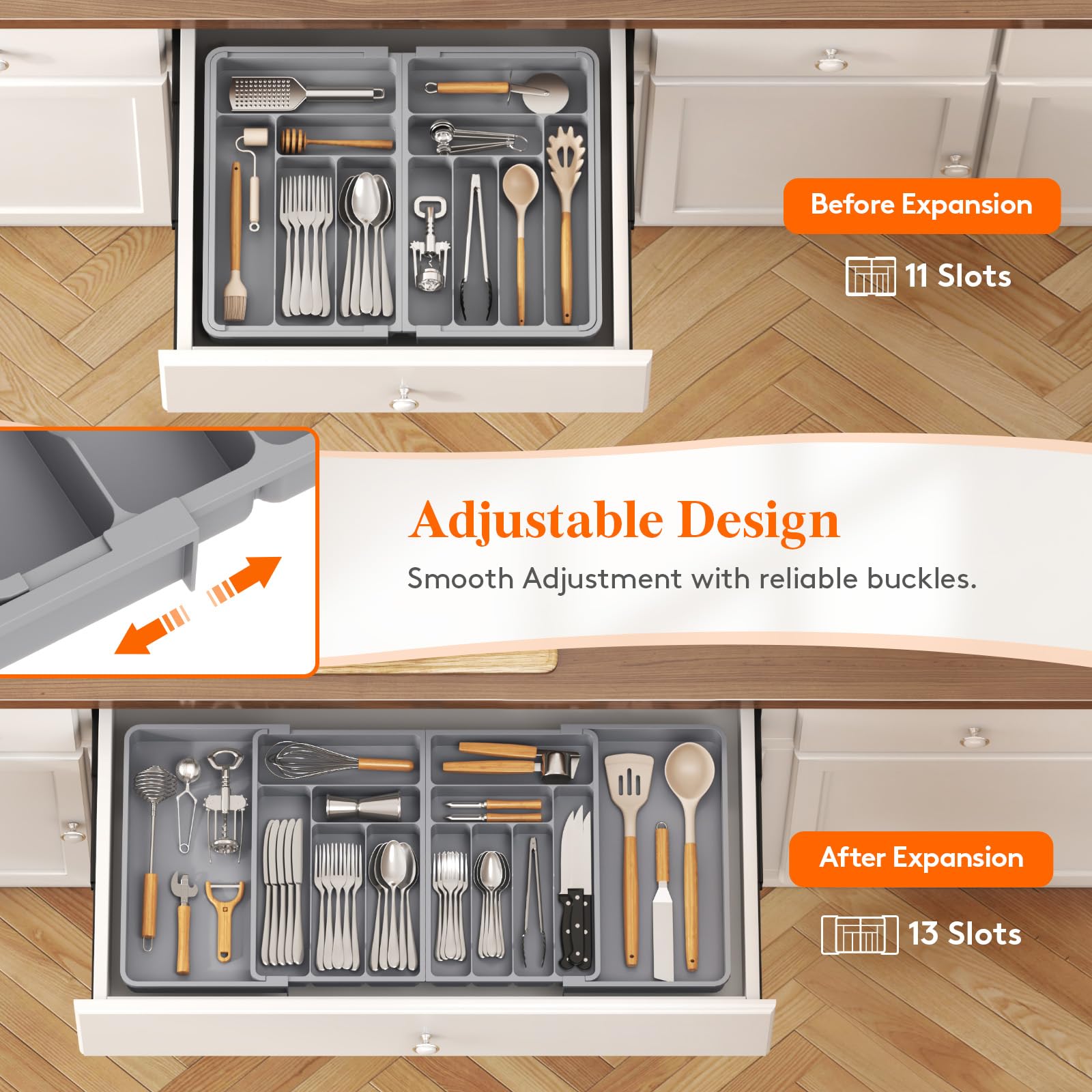 Lifewit Expandable Silverware Drawer Organizer (21-36 Inches) – BPA-Free Plastic Utensil Tray for Kitchen, Adjustable Flatware & Cutlery Holder for Spoons, Forks, Knives – Gray | Perfect for Kitchen Drawer Organization & Utensil Storage