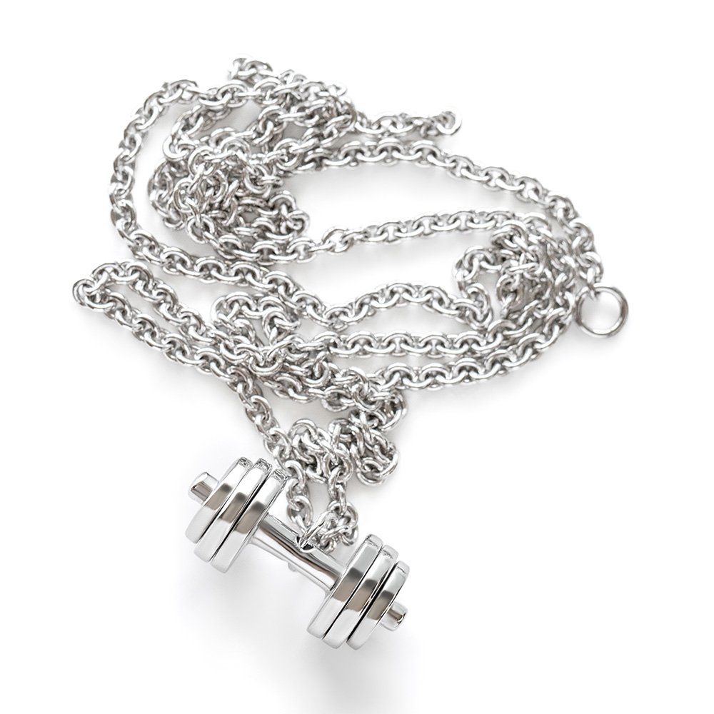 Rhodium Plated Triple Layer Dumbbell Necklace Pendant - Gym Jewelry for Women & Men - Perfect for Workouts, Fitness Gifts & Everyday Wear