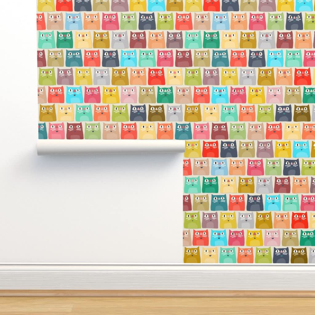 Removable Wallpaper 12ft x 2ft - Summer Cats Small Kittens Cute Kawaii Cat Colorful Rainbow Pattern | Self-Adhesive Peel & Stick Wallpaper for Nursery, Bedroom, Office Decor | Spoonflower