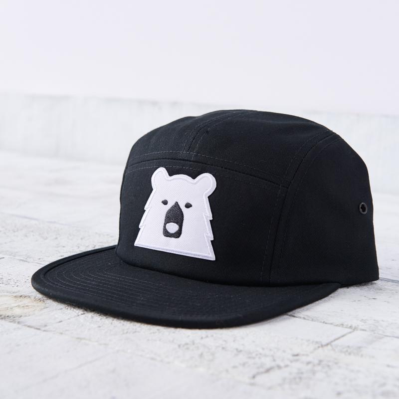 5 Panel Hat - Black with Polar Bear Design - Stylish & Comfortable for Outdoor Activities, Hiking, and Casual Wear