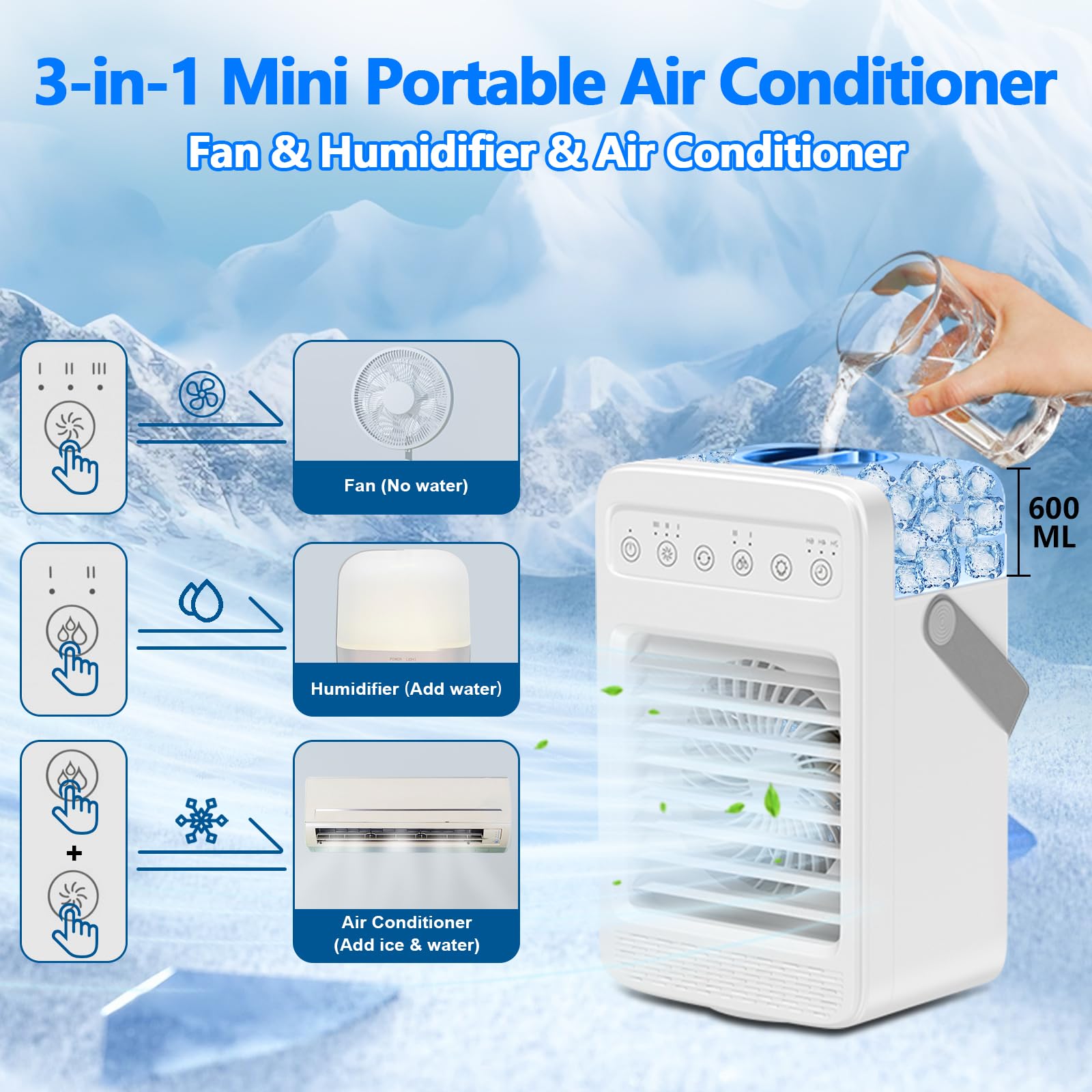 Portable Air Conditioner with 180° Oscillation - 4 Wind Speeds, Built-in Ambient Light & Large Water Tank - Mini AC Unit for Room, Kitchen, Office, Desk - Perfect for Home, Work & Outdoor Use