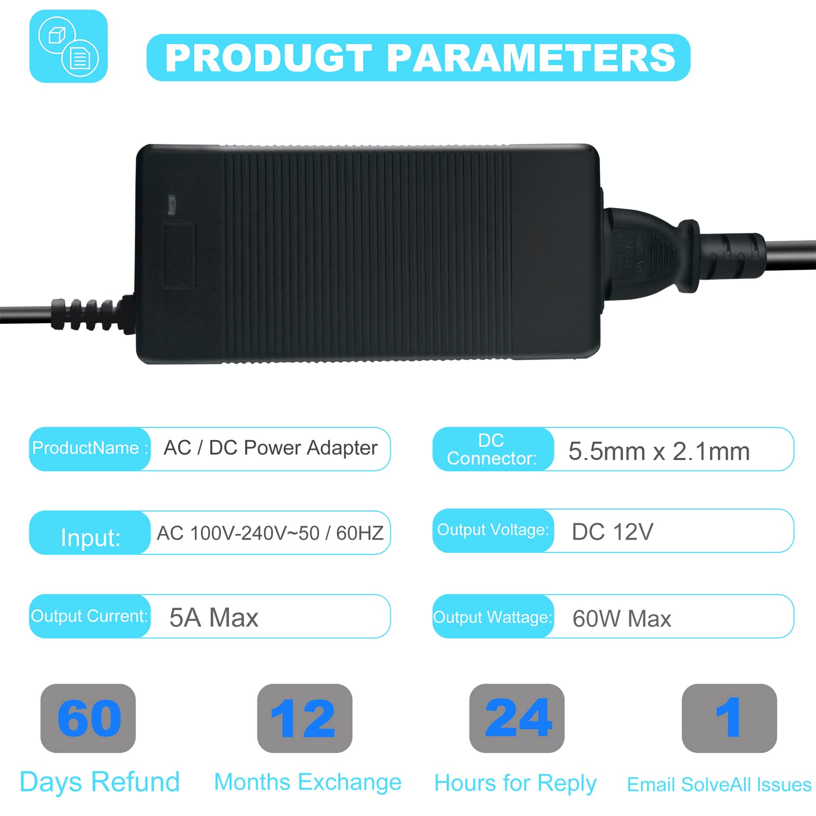 12V 5A 60W Power Supply Adapter, AC 100-240V to DC 12V 5A Converter with 5.5mm x 2.1mm Jack - for CCTV Security Cameras, DVR Systems, LED Strip Lights - UK 3-Pin Plug (Ideal for Home & Office Security Setup)
