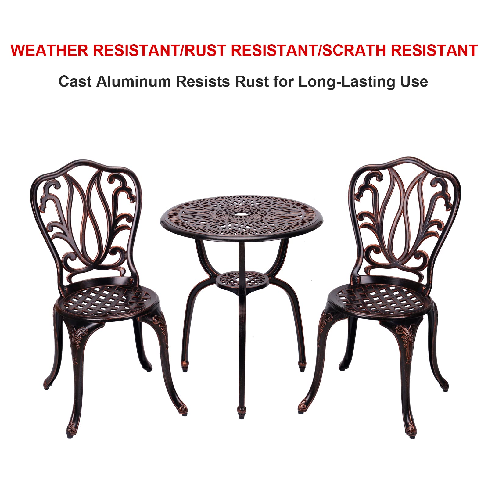 3-Piece Outdoor Bistro Set - Rust-Resistant Cast Aluminum Patio Table & Chairs for Garden, Porch, Park - Perfect for Relaxing & Entertaining (New Brown)
