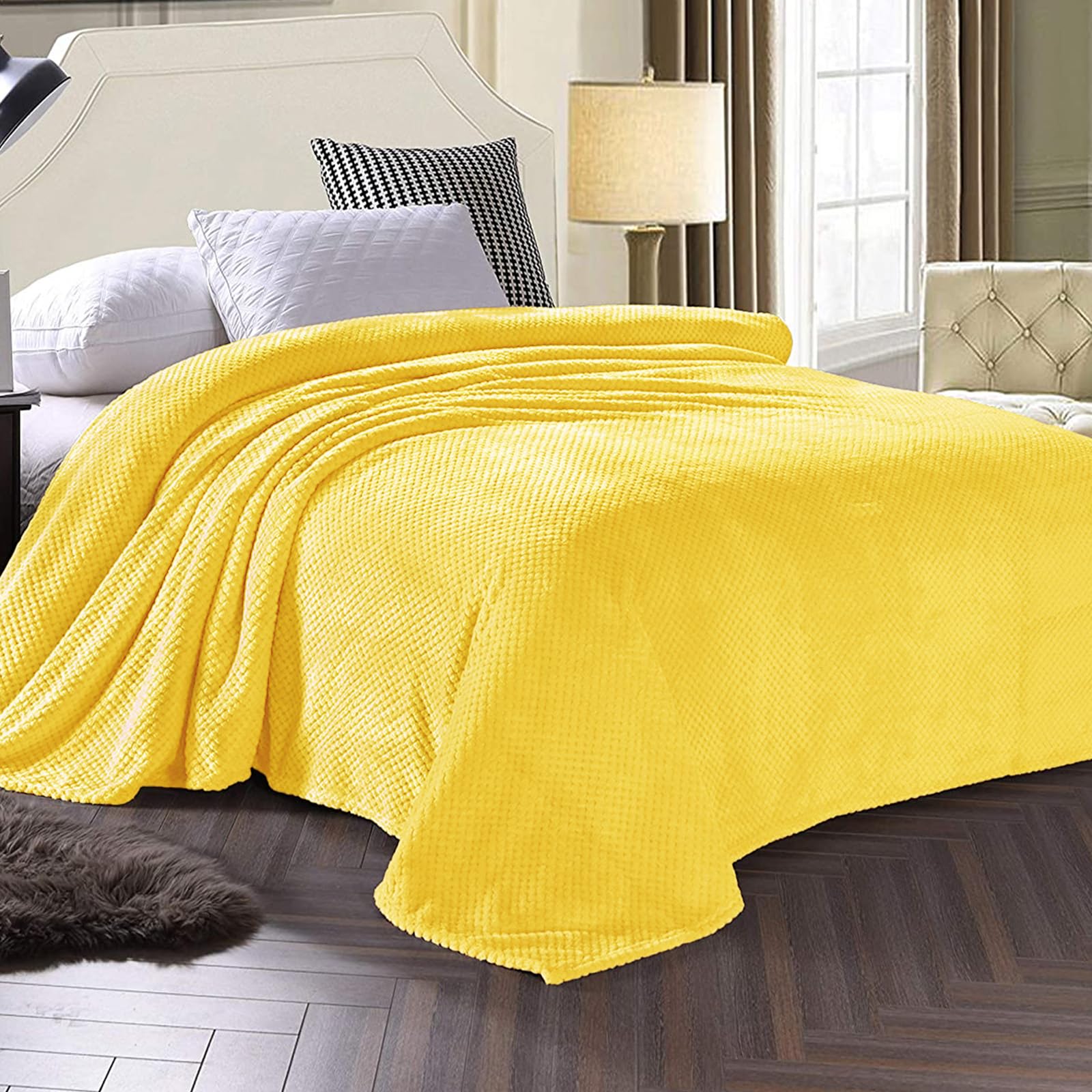 Premium Fleece Blend Queen Size Bed Blanket - Ultra Soft & Warm Waffle Textured Throw for Couch, Sofa & Bed - Cozy, Lightweight & Fuzzy (90x90 Inches, Vibrant Yellow) - Perfect for Winter Nights, Movie Time & Home Decor
