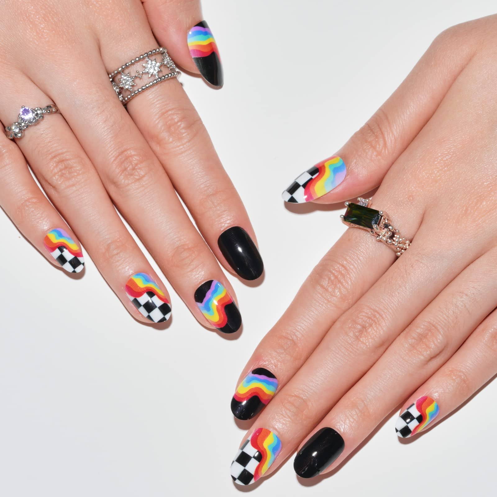 GLAMERMAID Medium Oval Press on Nails - Handmade Gel Fake Nails with Checkerboard Design, Short Oval Acrylic Nail Kit - Reusable Full Cover Stick on Nails for Women | Perfect for Parties, Weddings & Everyday Wear