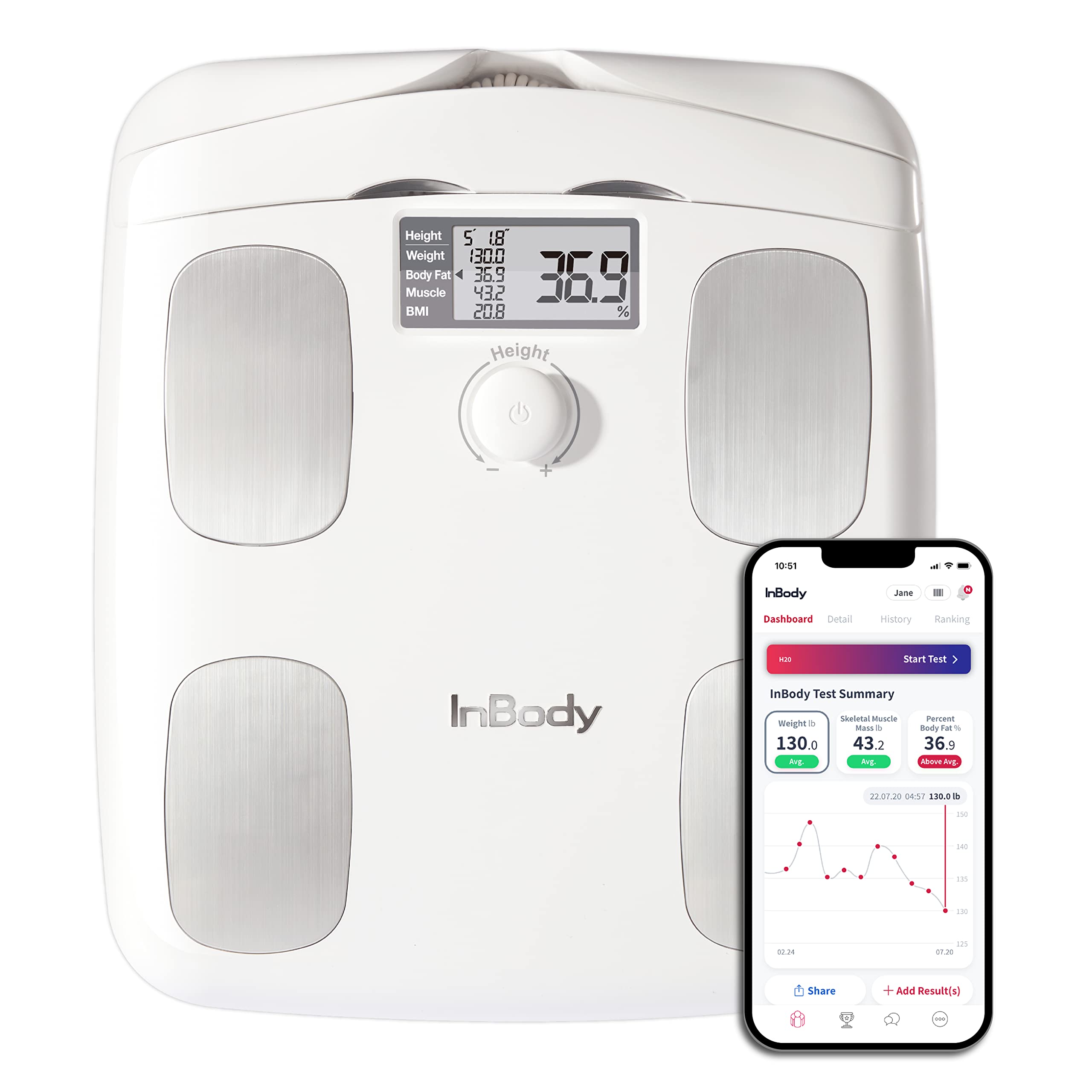 InBody Dial H20 Smart Body Fat Scale - Digital Bathroom Scale for Weight, BMI, Muscle Mass & Body Fat Percentage - Bluetooth Connected Health Monitor for Home Gym - Ideal for Fitness Tracking & Weight Loss Journey (Soft White)