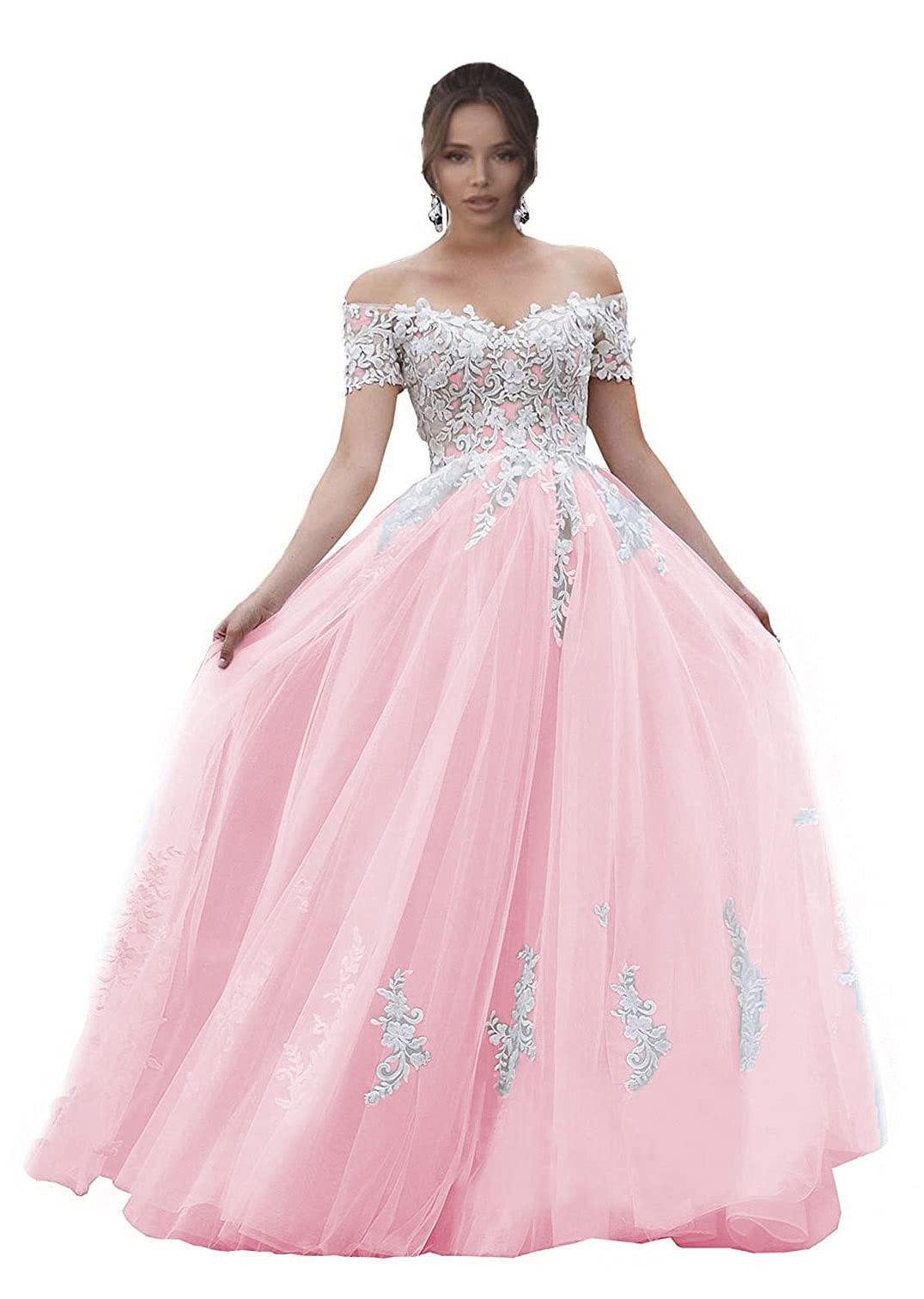 Mauwey Women's Off Shoulder Prom Dresses 2023 - Elegant V Neck Lace Applique A-Line Formal Gowns with Sleeves for Homecoming, Wedding Guest & Evening Party | Perfect for Prom Night, Cocktail Events & Special Occasions