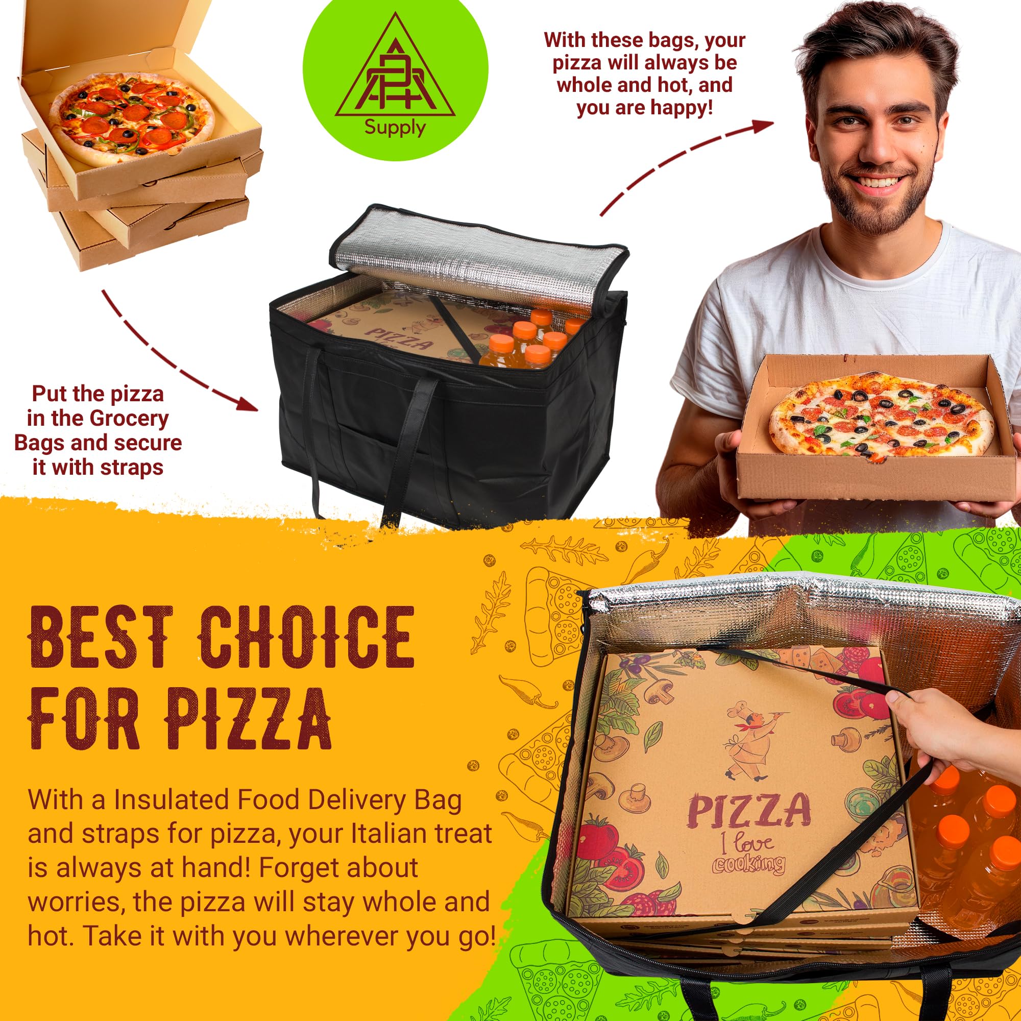 Premium Black Insulated Food Delivery Bag - Heavy Duty Zippered Cold Grocery Bag for Takeout & Catering | Foldable, Leak-Proof Thermal Tote for Meal Prep, Picnics & Amazon Fresh Deliveries