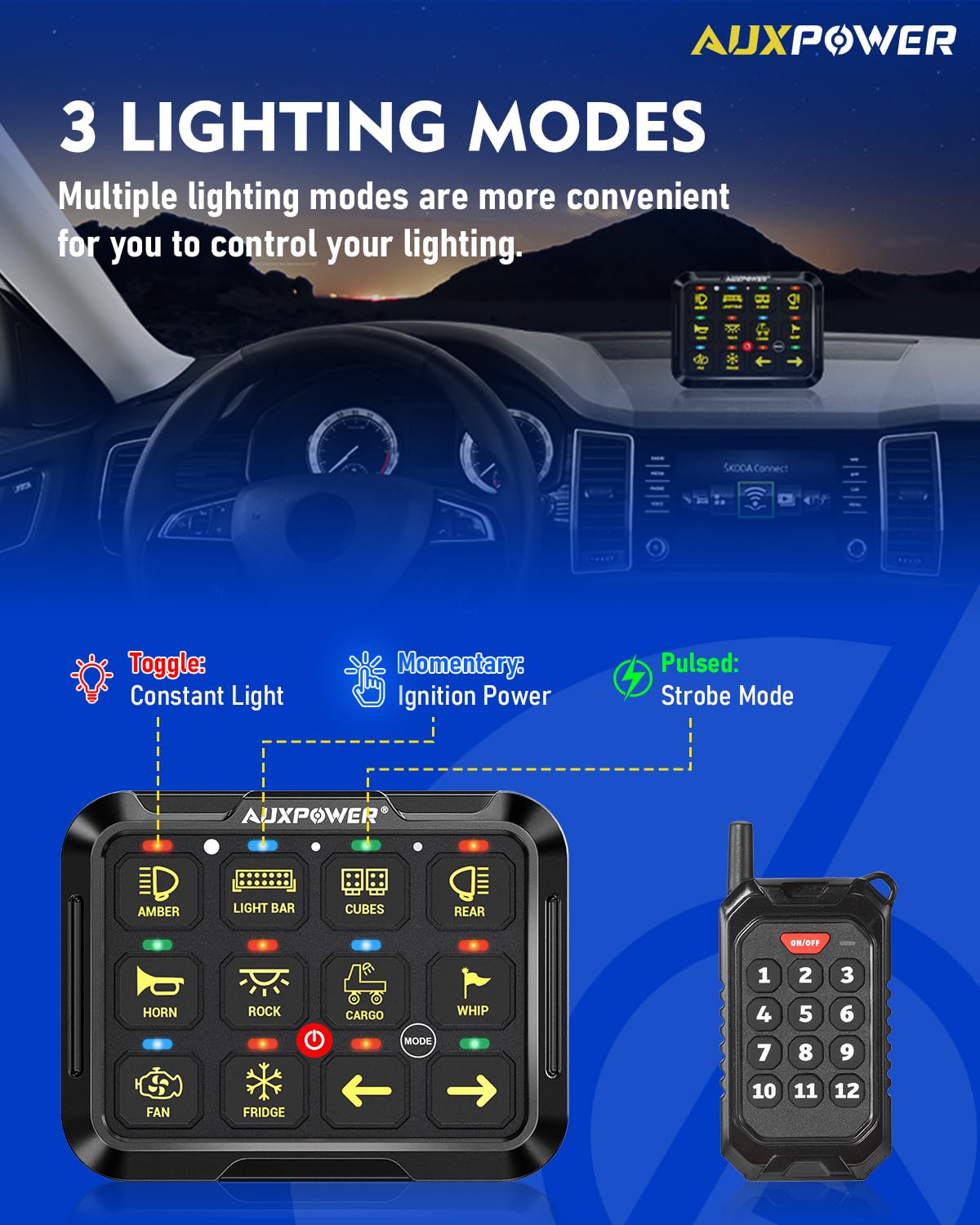 Auxpower 12 Gang RGB Switch Panel with Wireless Remote Control - 12V Waterproof Toggle Momentary Pulsed Switch Panel for Trucks, Cars, Marine & Offroad Vehicles | Perfect for Dashboards, Boats & RV Custom Lighting Control