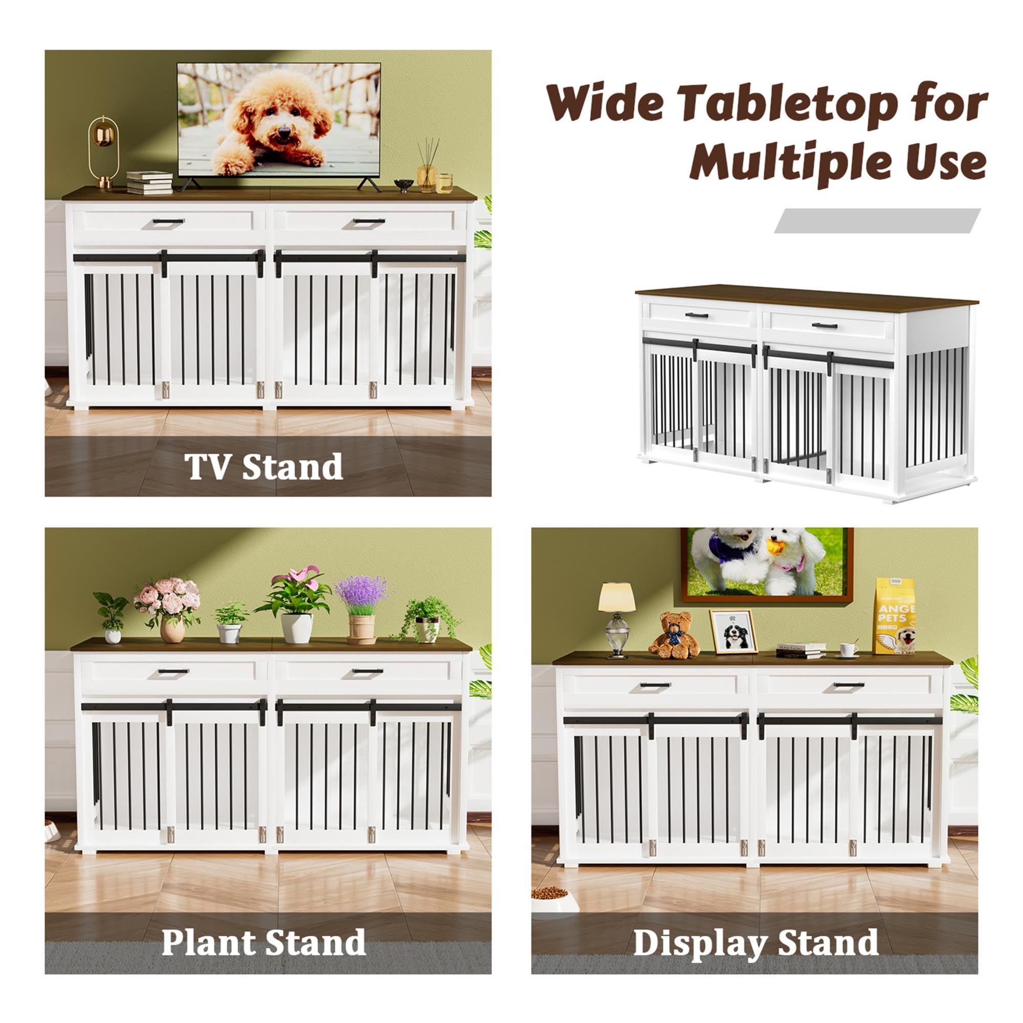 MUPATER Large Dog Crate Furniture for 2 Dogs - Double Wooden Dog Cage Table with Removable Divider, 2 Storage Drawers & Safety Locks | Indoor Pet Kennel Furniture for Living Room, Bedroom & Office (White)