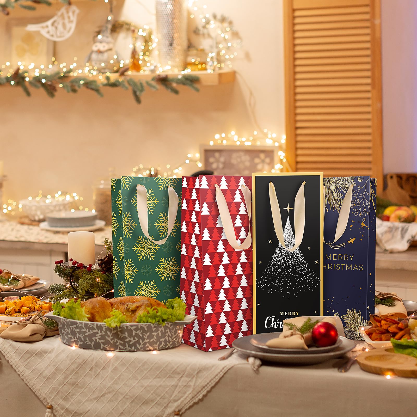 DeckTheHalls Christmas Wine Gift Bags - 16 Pack Reusable Holiday Bottle Wrap Bags with Ribbon Handles, Festive Designs for Christmas Parties, Engagements & Gifts | Perfect for Holiday Celebrations, Corporate Gifts & Wine Lovers