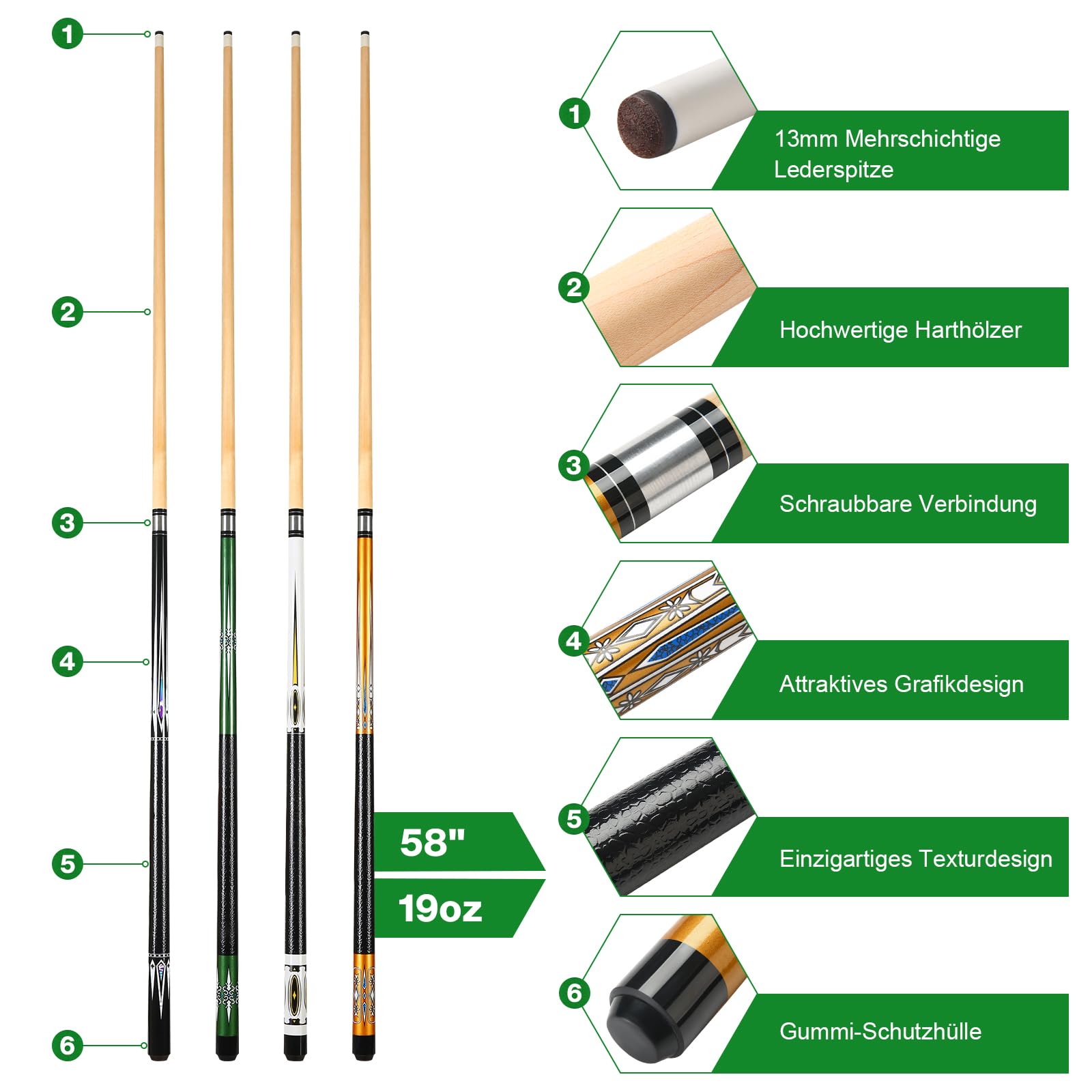 ASMPCUE 58 Inch 19 Oz Professional Pool Cue Stick - Hardwood Billiard Cue with 13mm Tip for Serious Players | Perfect for Tournament Play & Home Pool Tables