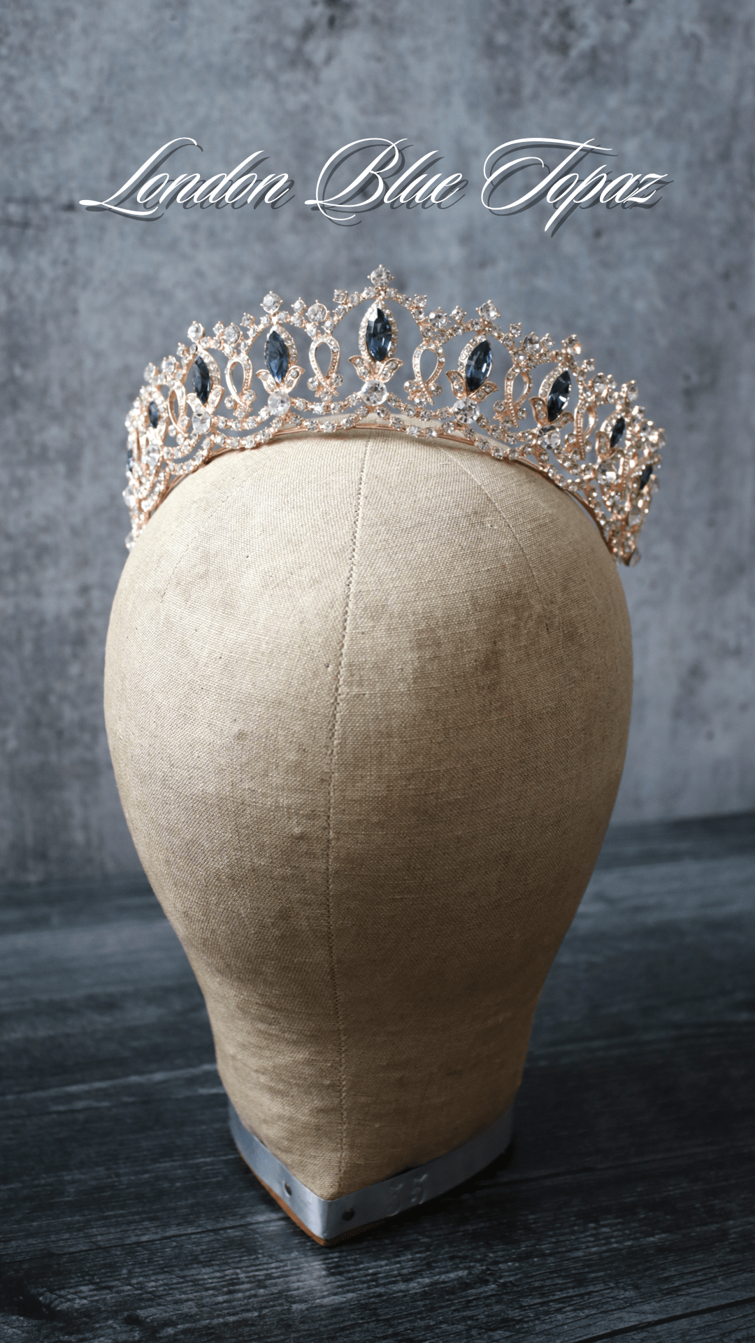 Elegant GRAND SERENA Rose Gold Tiara with London Blue Accent Stones & Pearls - Perfect for Weddings, Prom, Pageants & Special Occasions