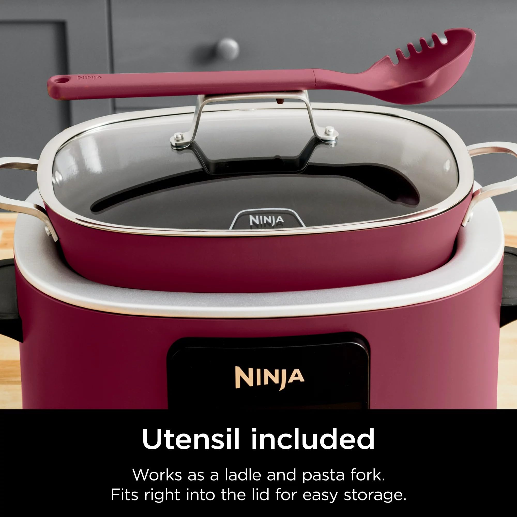 Ninja MC1000 Foodi PossibleCooker 8.5 Quart Multi-Cooker - 4-in-1 Slow Cooker, Dutch Oven, Steamer & More with Glass Lid & Spoon - Nonstick, Oven Safe Pot (500°F) - Cherry Red (Renewed) - Perfect for Family Dinners, Meal Prep & Holiday Cooking