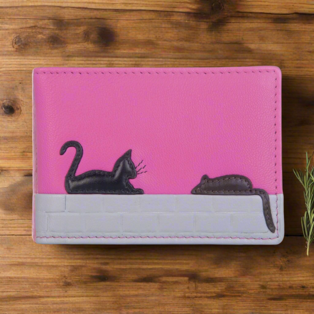 Premium Mala Leather Cat & Mouse ID Card Holder Wallet - Stylish Pink Purse for Women | Perfect for Work, Travel & Everyday Use