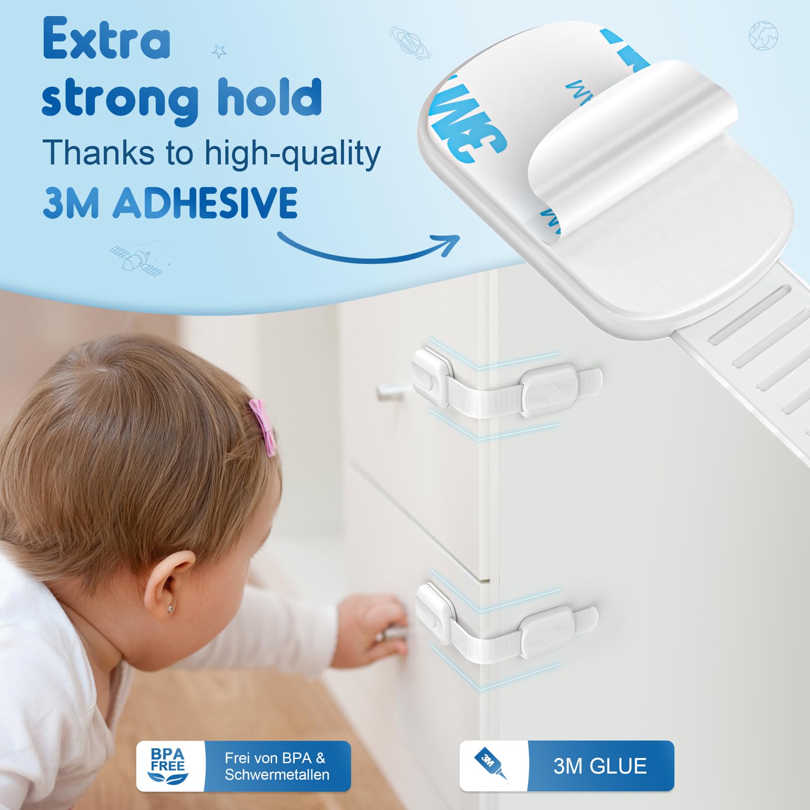 SOGUDE 10 Pack No Drill Baby Proof Cabinet Locks - Child Safety Locks with 3M Adhesive for Kitchen Cabinets, Drawers & Doors (White) | Perfect for Baby Proofing Homes & Childcare Centers