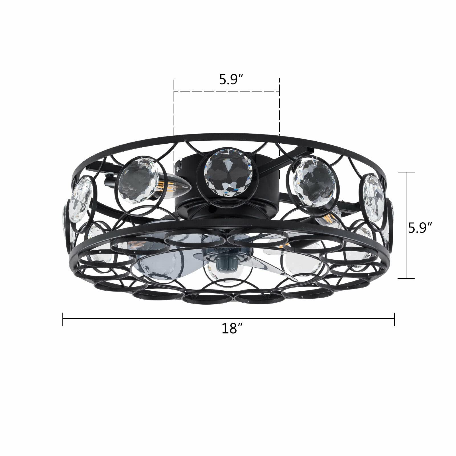 18In Flush Mount Caged Ceiling Fan with Lights & Remote Control - Low Profile Bladeless Industrial Design for Living Room, Kitchen, Bedroom - Perfect for Modern Homes & Small Spaces (Black Crystal Caged B)