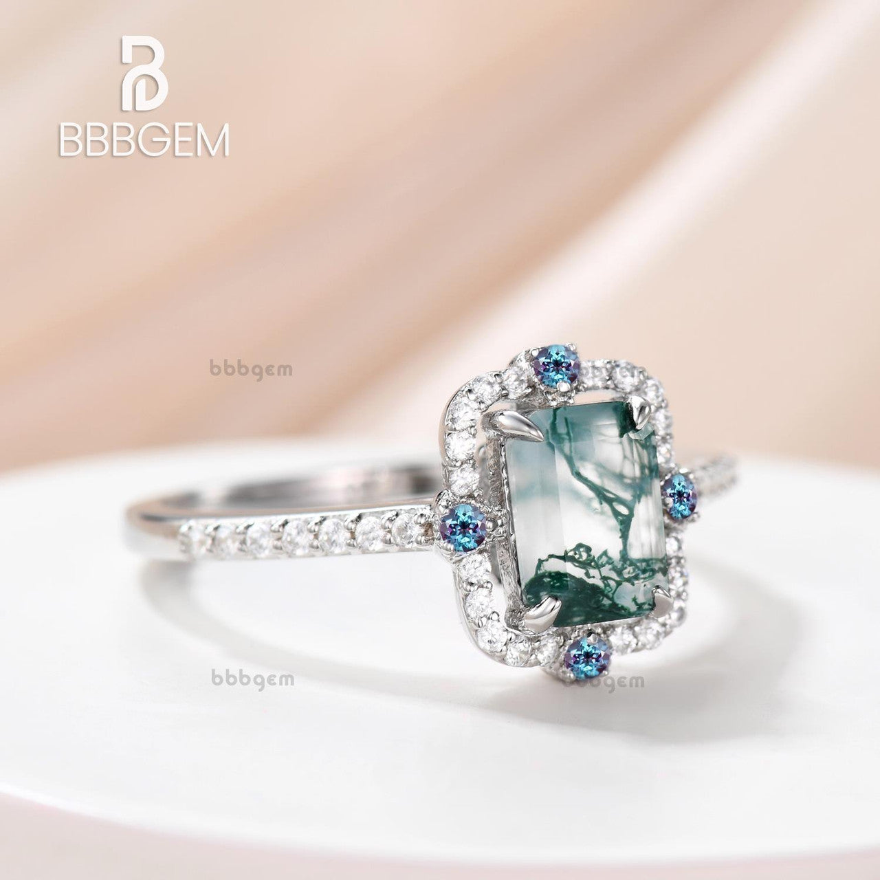 Vintage Emerald Step Cut Moss Agate White Gold Engagement Ring with 4 Alexandrite Accents - Symmetrical Wedding Band for Women, Bridal Jewelry, Anniversary Gift, Proposal Ring for Her