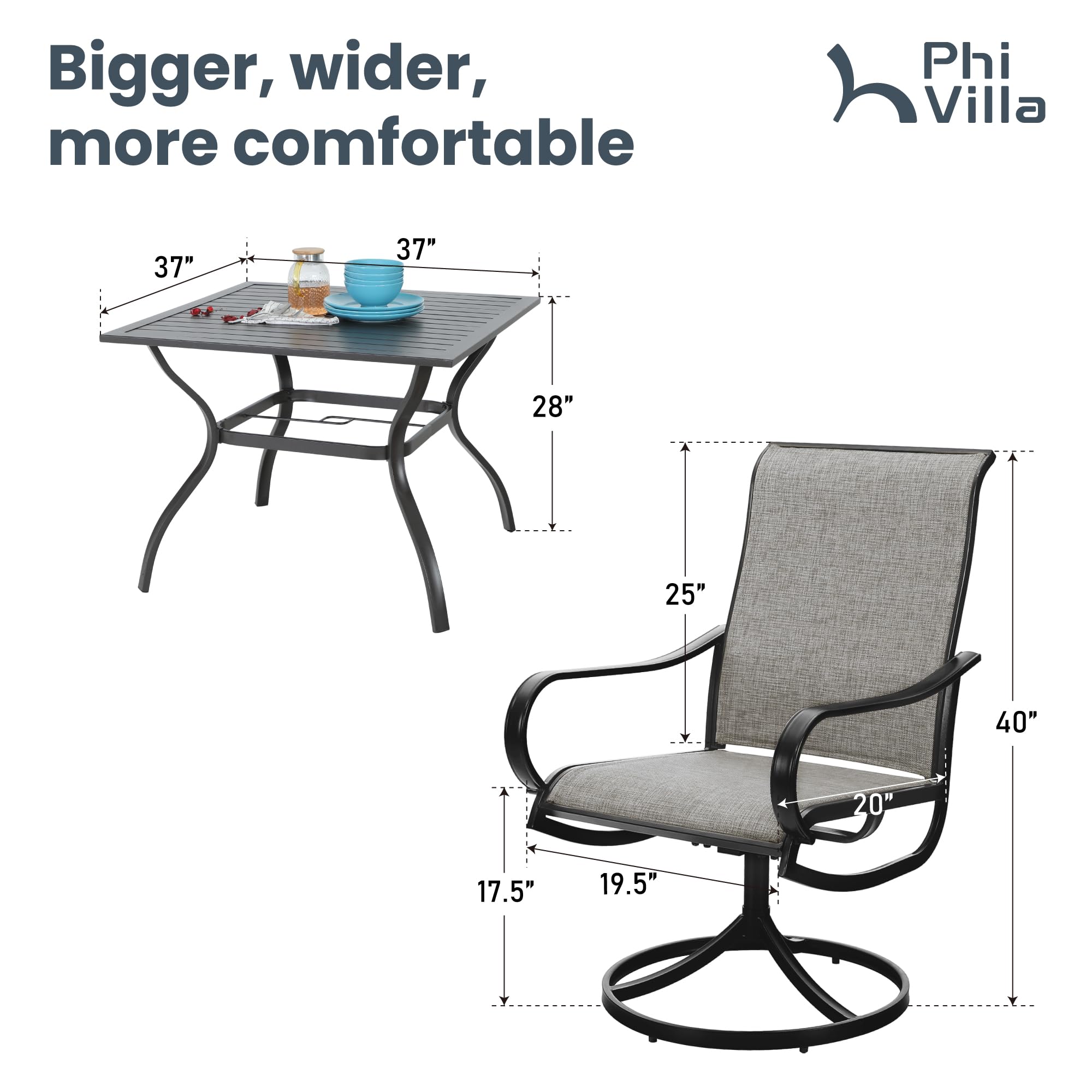 PHI VILLA 5-Piece Outdoor Patio Dining Set with 4 Swivel Chairs & 1 Metal Table - All-Weather Garden Furniture for Deck, Lawn, Backyard - Perfect for Family BBQs, Outdoor Entertaining & Relaxing