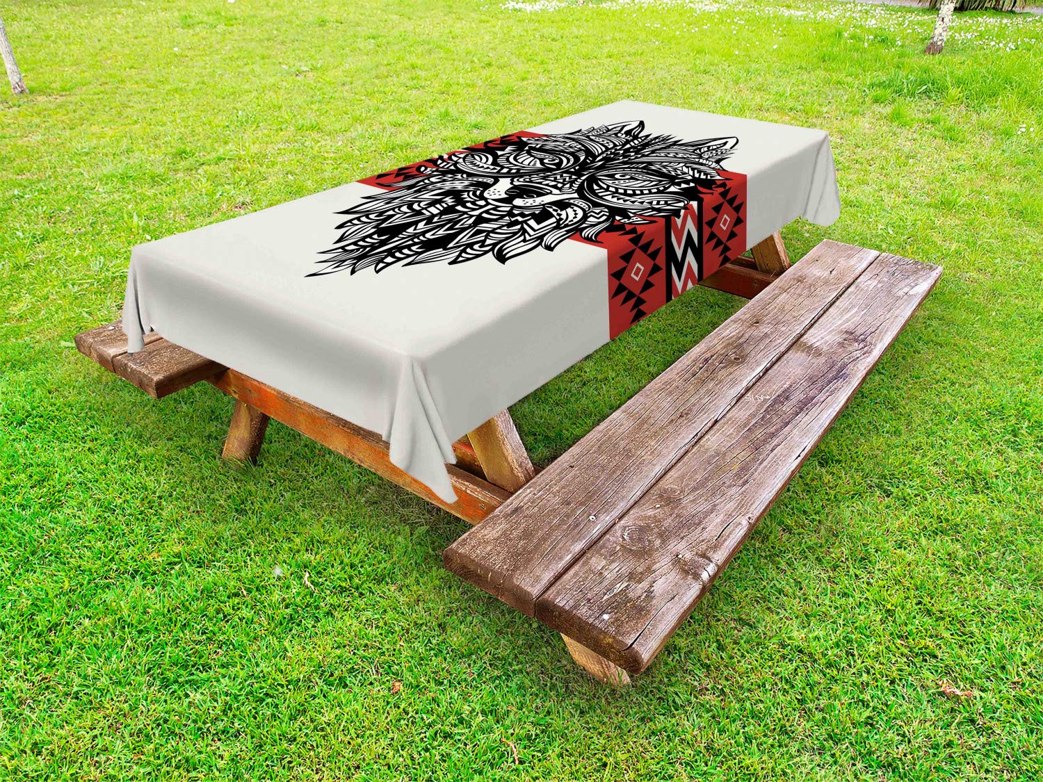 Ambesonne Wolf Print Outdoor Tablecloth - Tattoo Style Totem Animal Face with Swirls & Geometric Triangles - Waterproof Washable Picnic Table Cover 58x84 Inches (Red Black Cream) - Perfect for Camping, BBQs, Patio Parties & Outdoor Dining