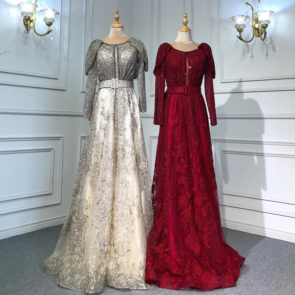 Luxury Dubai Blue Muslim Lace Beaded Evening Gowns for Women - Elegant A-Line Long Sleeve Wedding Party Dresses 2025 | Perfect for Formal Events, Bridal Showers & Special Occasions