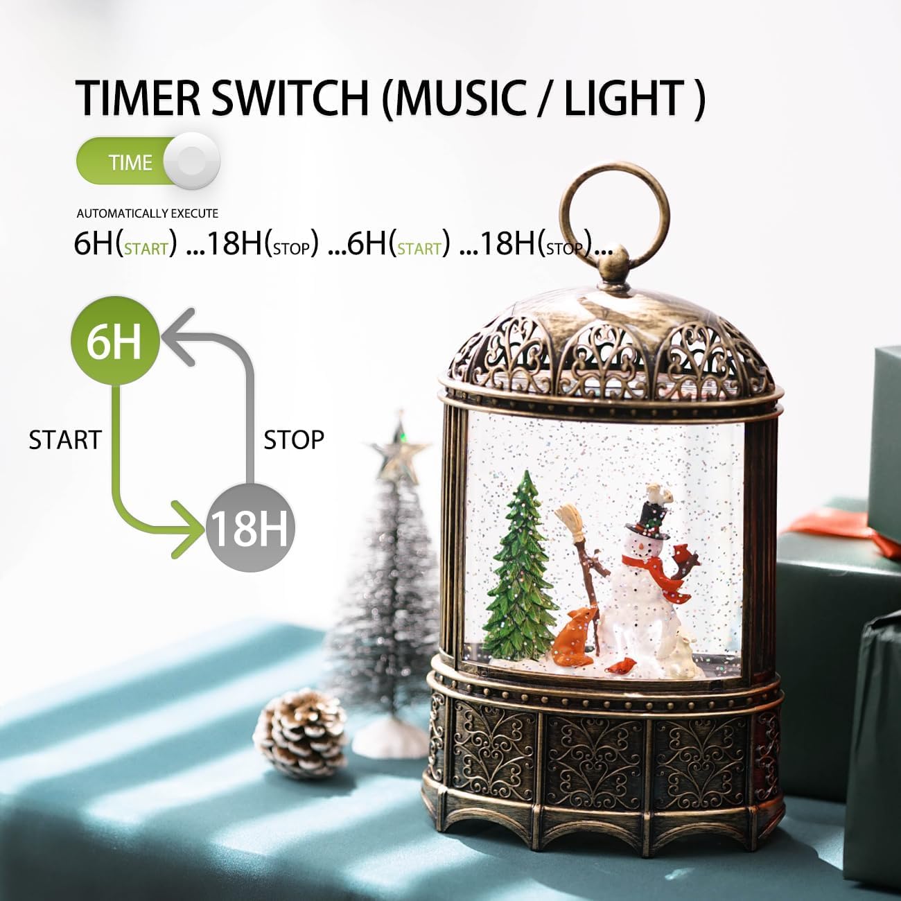 11'' Snowman Christmas Snow Globe Lantern with Timer - Musical Lighted Glittering Swirling Water Globe, USB/Battery Operated - Perfect for Holiday Home Decor, Gift Giving & Festive Tabletop Displays