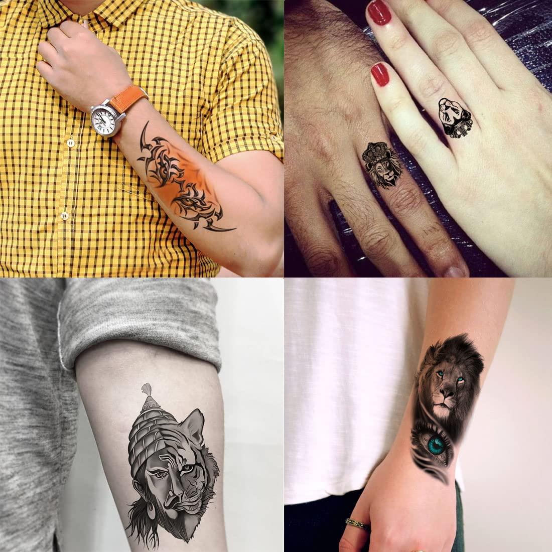 Lion & Tiger Eye Shivaji Temporary Tattoo Stickers - Pack of 4 Waterproof Fake Tattoos for Men & Women (2x4 Inch) - Perfect for Festivals, Costume Parties & Body Art