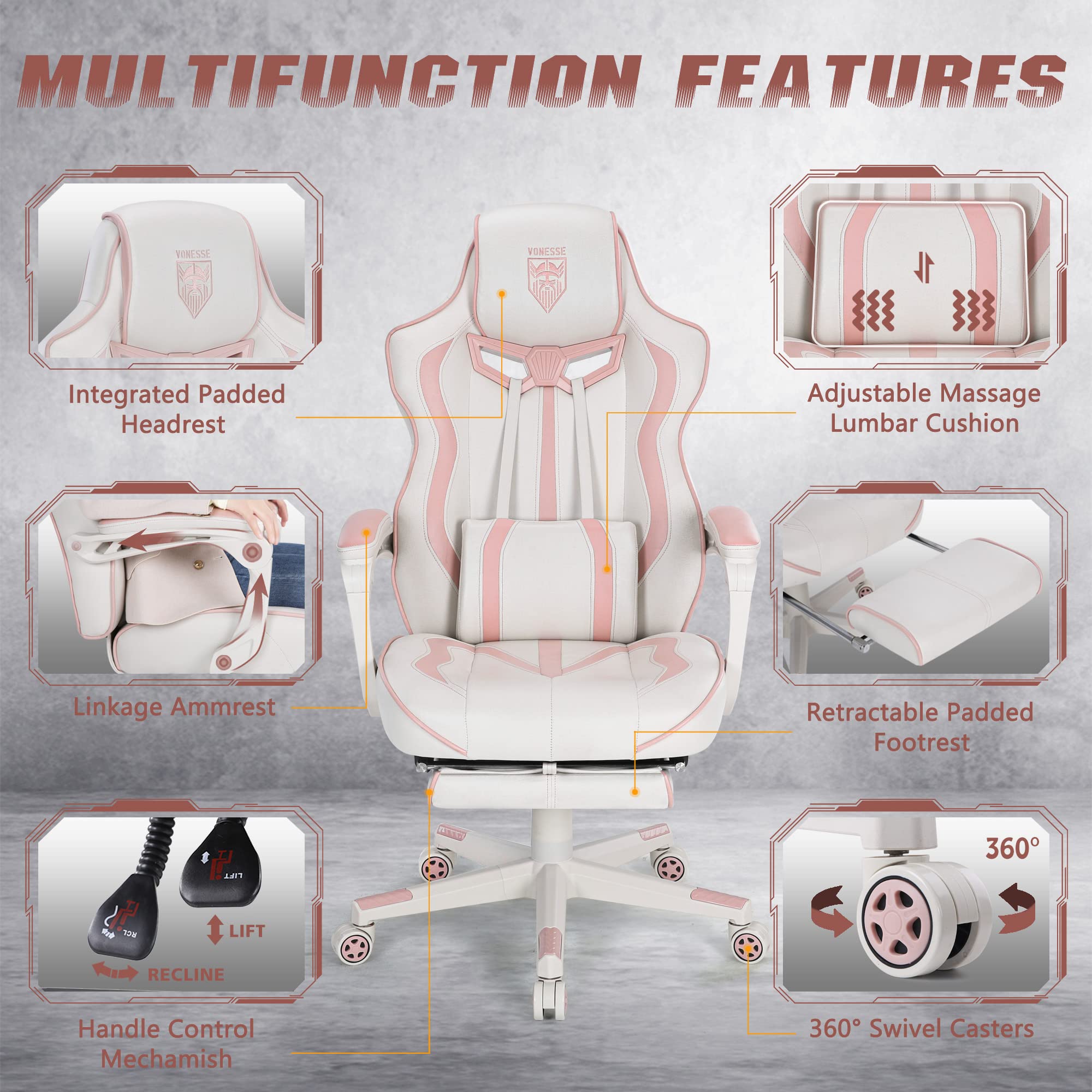 Vonesse Pink Gaming Chair for Girls & Women - Ergonomic High Back Computer Gaming Chair with Reclining Feature, Footrest & Massage - Perfect for Home Office, Streaming & Esports (White/Pink)