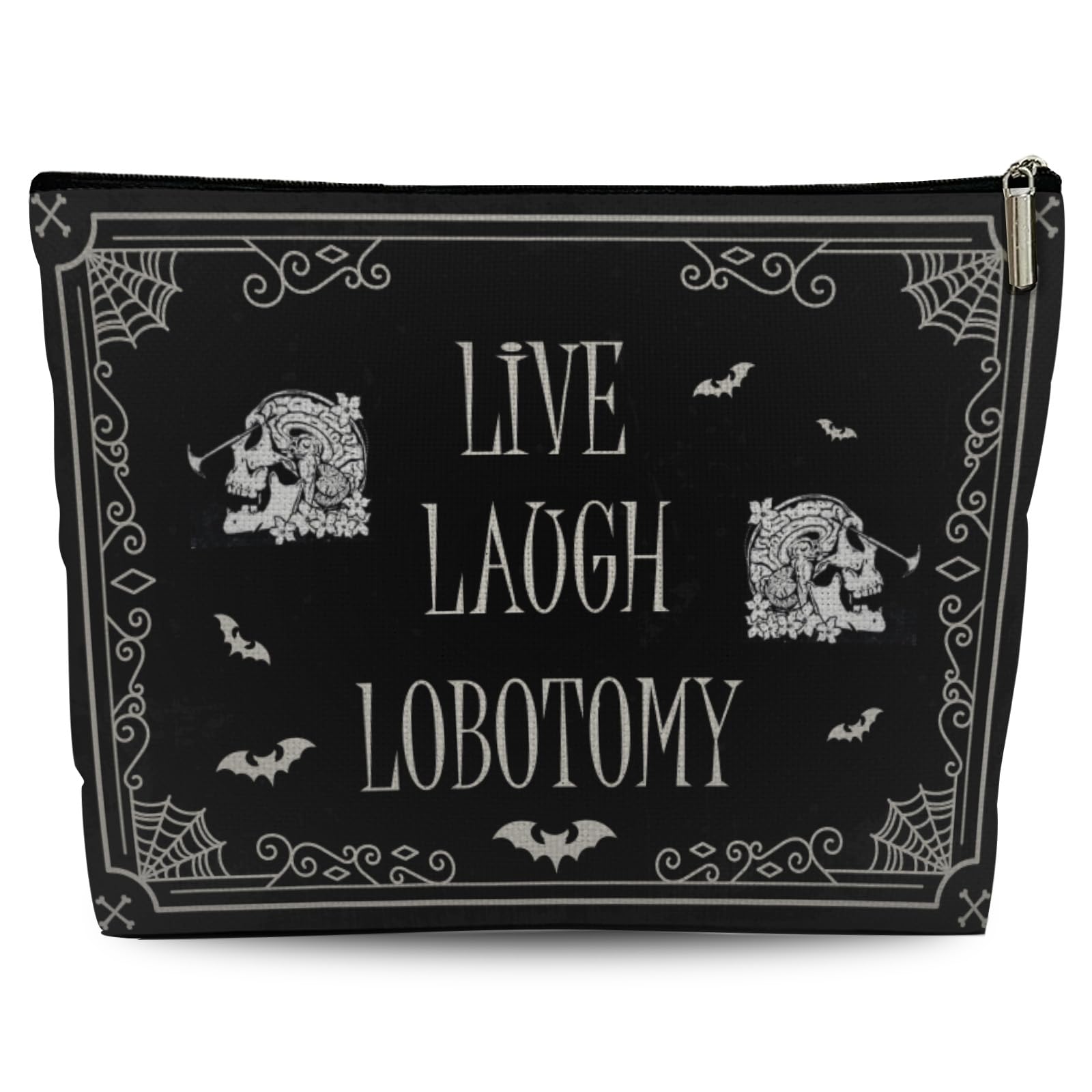 Funny Dark Humor Goth Makeup Bag for Women - Live Laugh Lobotomy Cosmetic Pouch with Zipper, Unique Gothic Birthday Gift Idea for Her - Perfect for Halloween, Alternative Fashion & Everyday Use