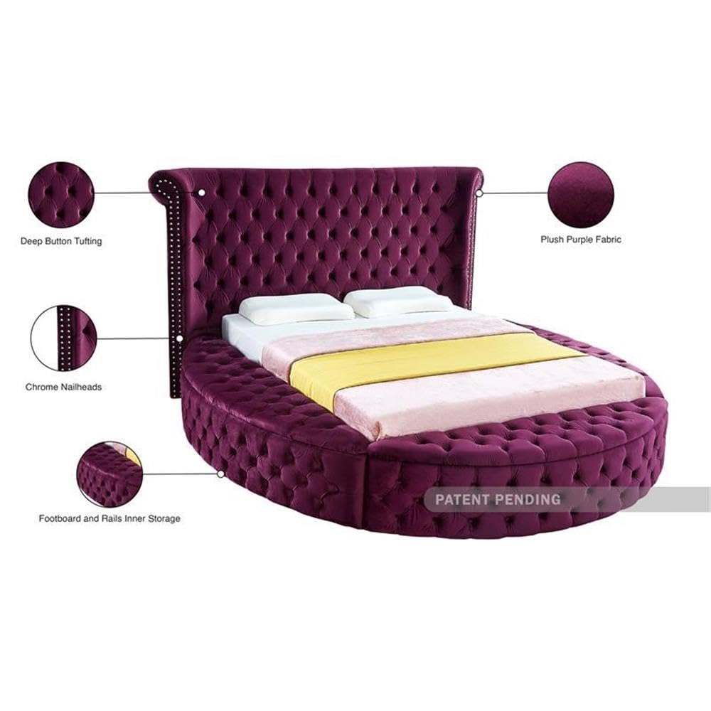 Luxury Purple Velvet Upholstered Queen Bed with Storage - Modern Round Tufted Platform Bed Frame with Footboard | Meridian Furniture Luxus Collection (93.75