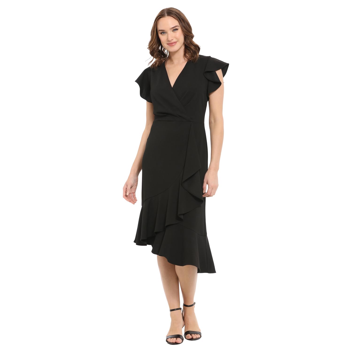 London Times Women's Elegant Ruffle Sleeve V-Neck Crepe Wrap Dress for Office & Special Occasions - Asymmetrical Hem Workwear & Cocktail Party Outfit