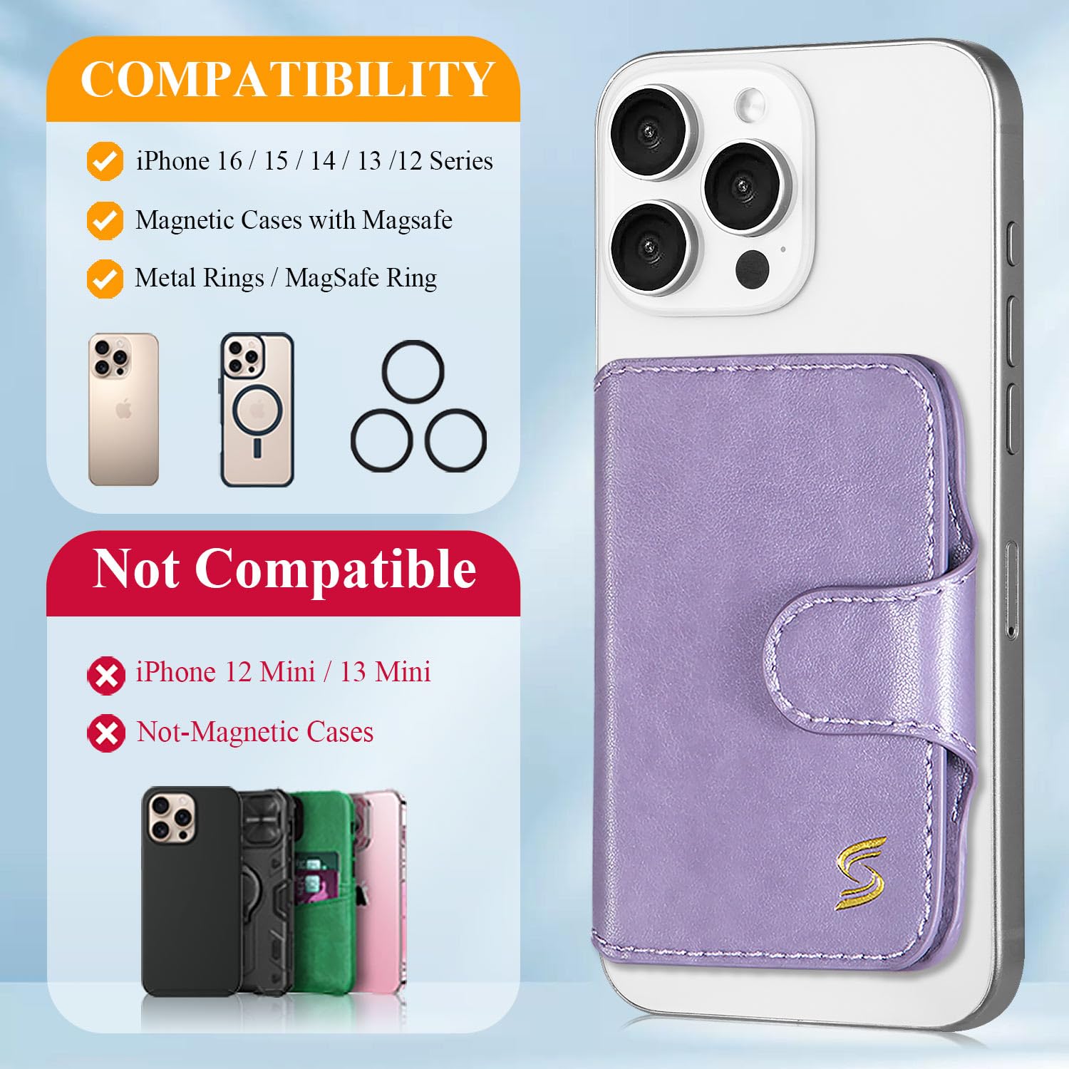 Magnetic Phone Wallet Card Holder - Slim Luxury Leather MagSafe Wallet with 5 Slots (Fits 7 Cards), RFID Blocking & ID Window - Compatible with MagSafe Phones & Cases - Perfect for iPhone Users, Daily Commute & Travel - Pastel Purple for Women & Men