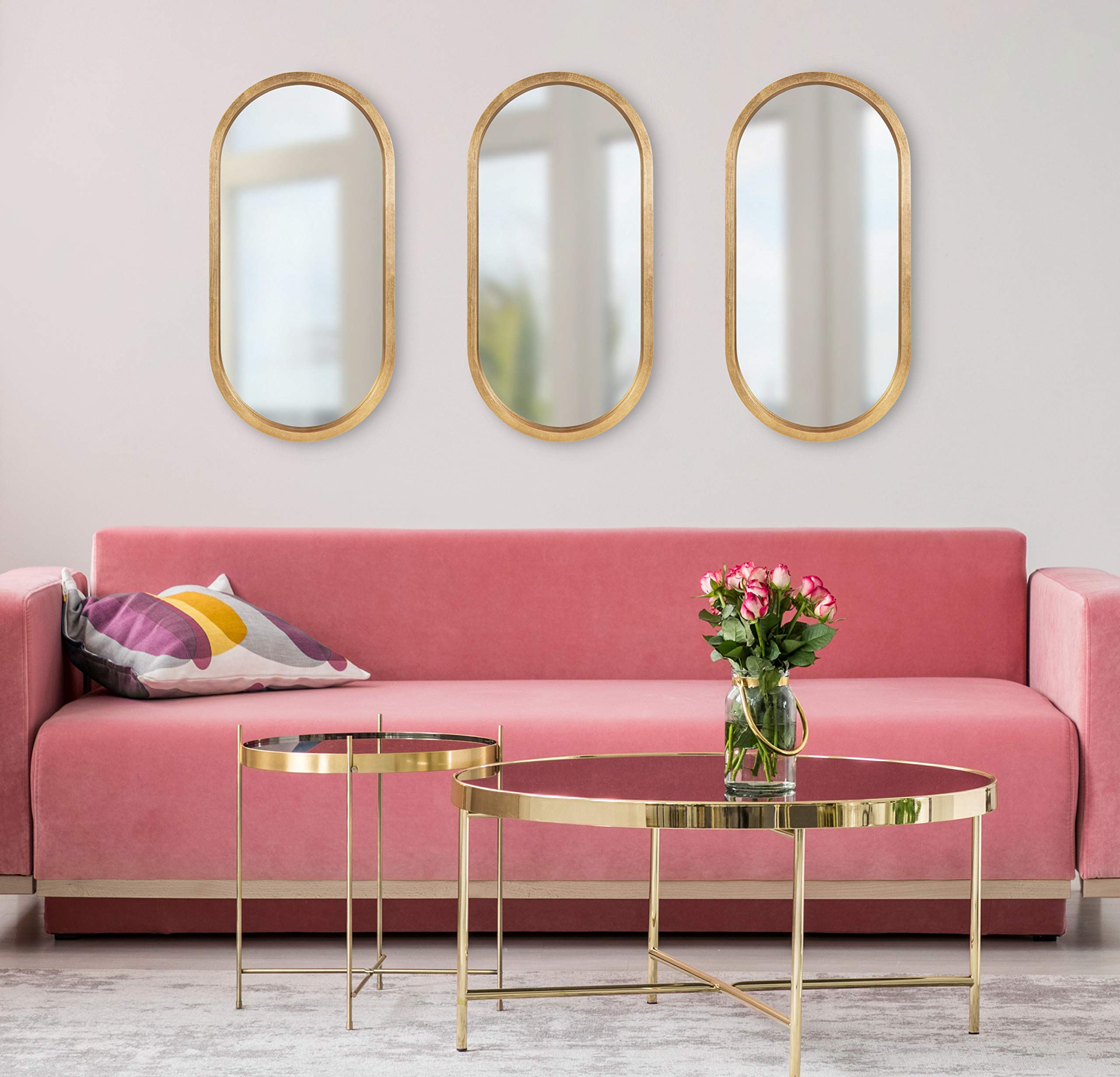 Kate & Laurel Travis Modern Capsule Wood Framed Wall Mirror 12x24 Inches - Gold Geometric Decorative Mirror for Living Room, Bedroom & Entryway Decor