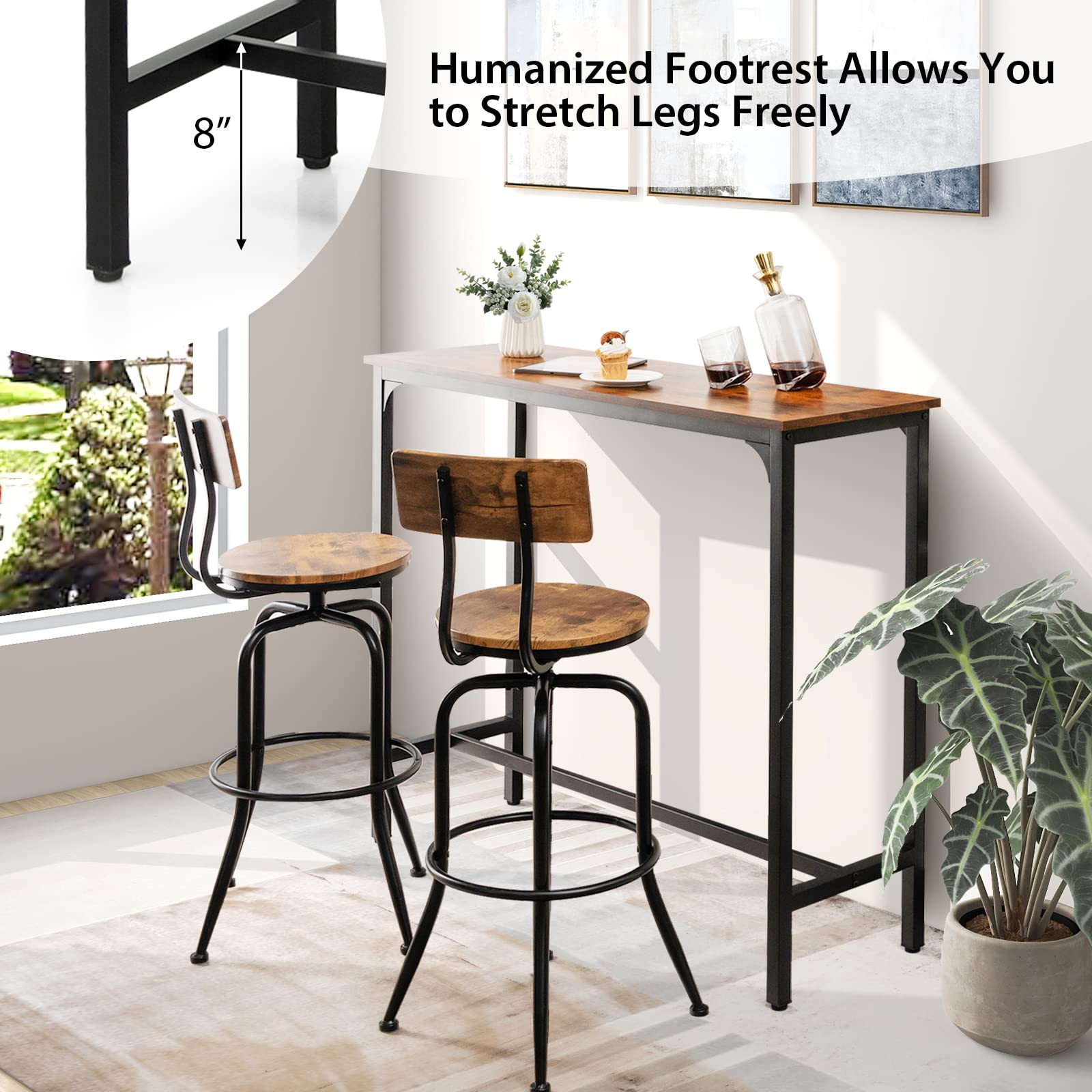 COSTWAY 48 Inch Industrial Bar Table with Steel Frame & Footrest - Rustic Brown Kitchen Dining Table, Narrow Console Table for Entryway, Home & Apartment | Perfect for Small Spaces, Breakfast Nooks & Entertaining Guests