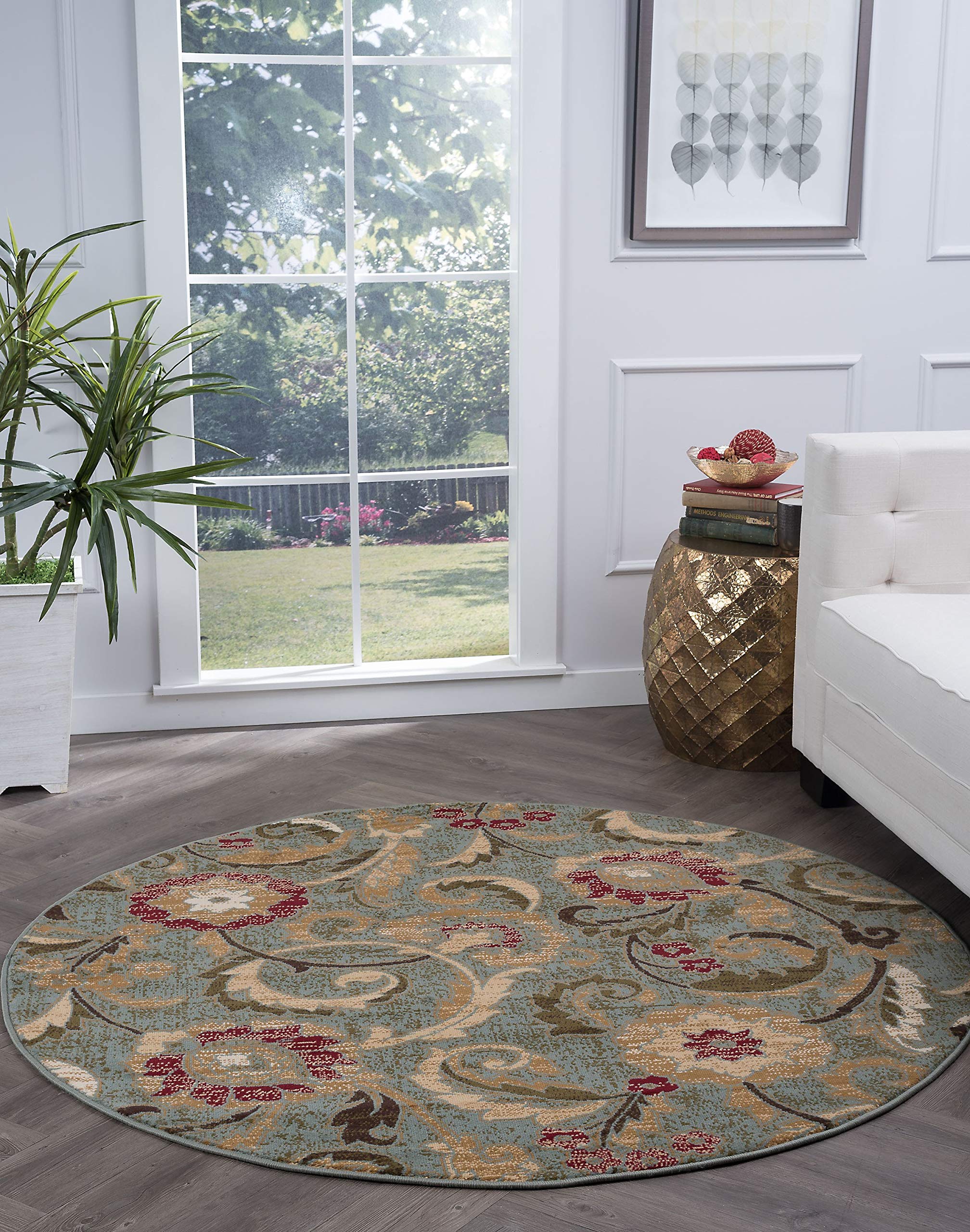 Tayse Wichita Blue 8-Foot Round Area Rug - Transitional Floral Design for Living Room, Bedroom & Dining Room - Perfect for Home Decor, Family Gatherings & Cozy Spaces