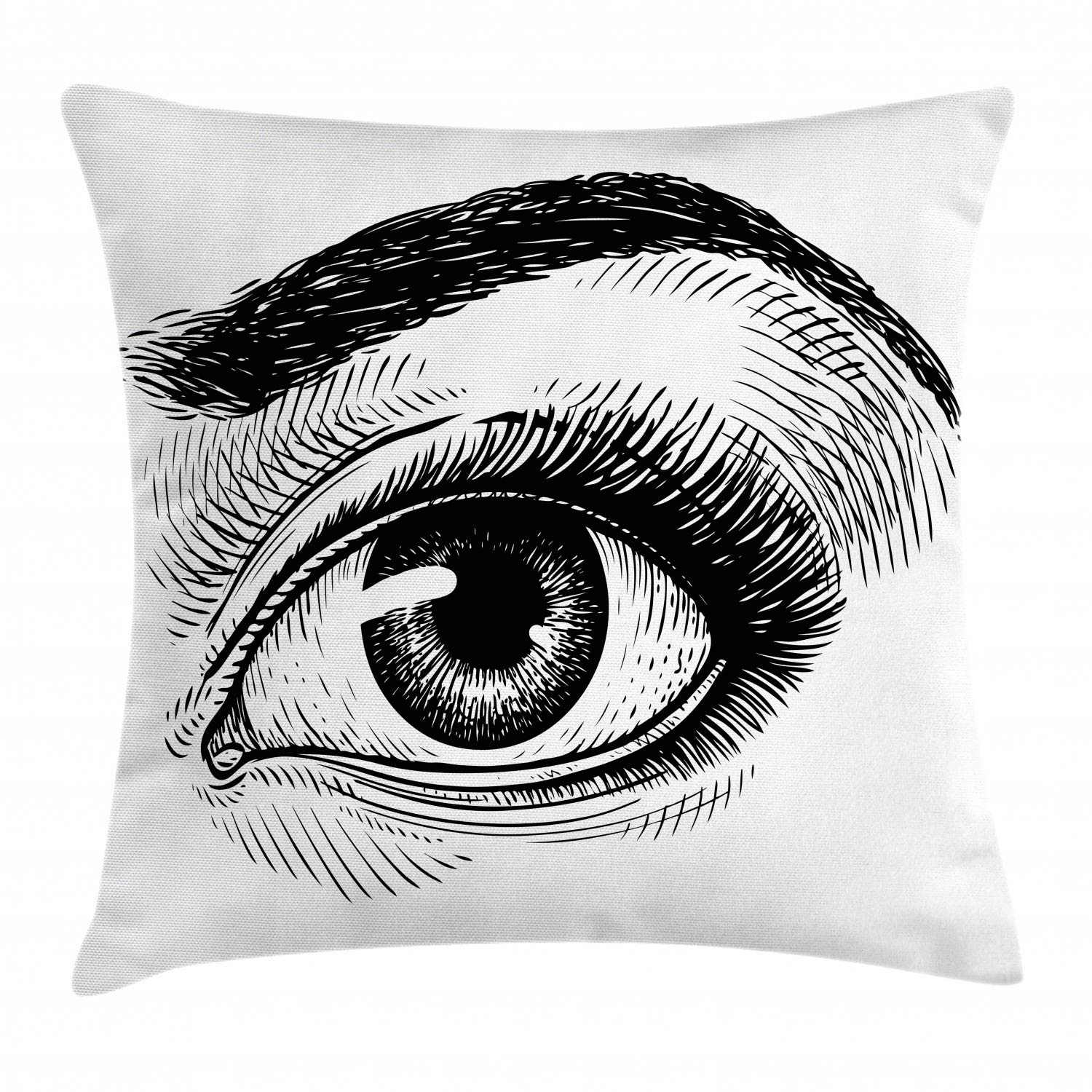 Ambesonne Vintage Eyeball Throw Pillow Cover 36x36 Inch - Black & White Sketch Illustration with Female Eye Makeup Art, Decorative Square Cushion Case for Living Room, Bedroom & Home Decor
