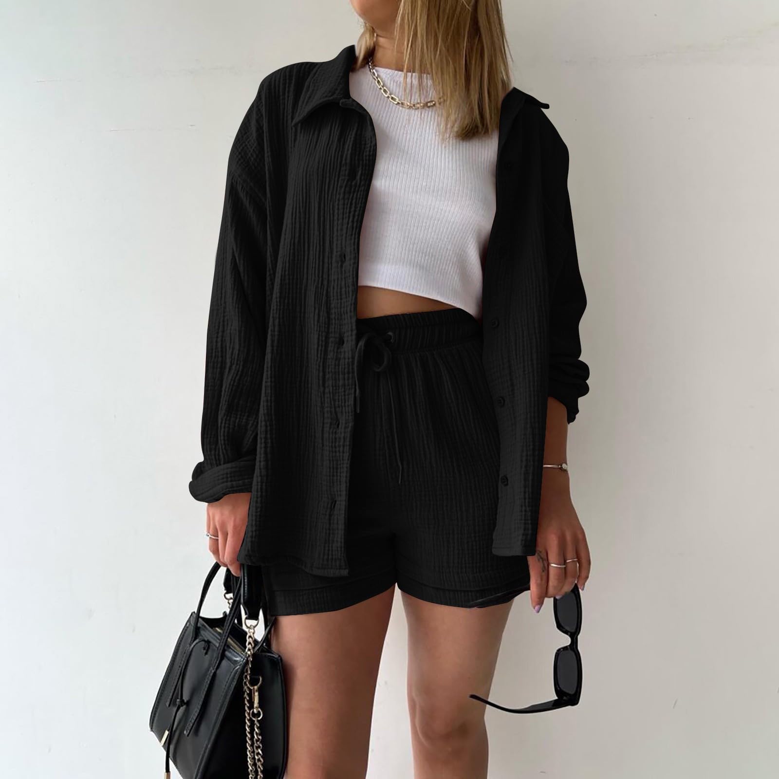 Women's Summer Two Piece Outfits - Button Down Lounge Sets with Tops & Shorts for Beach Vacation, Casual Wear & Relaxing at Home