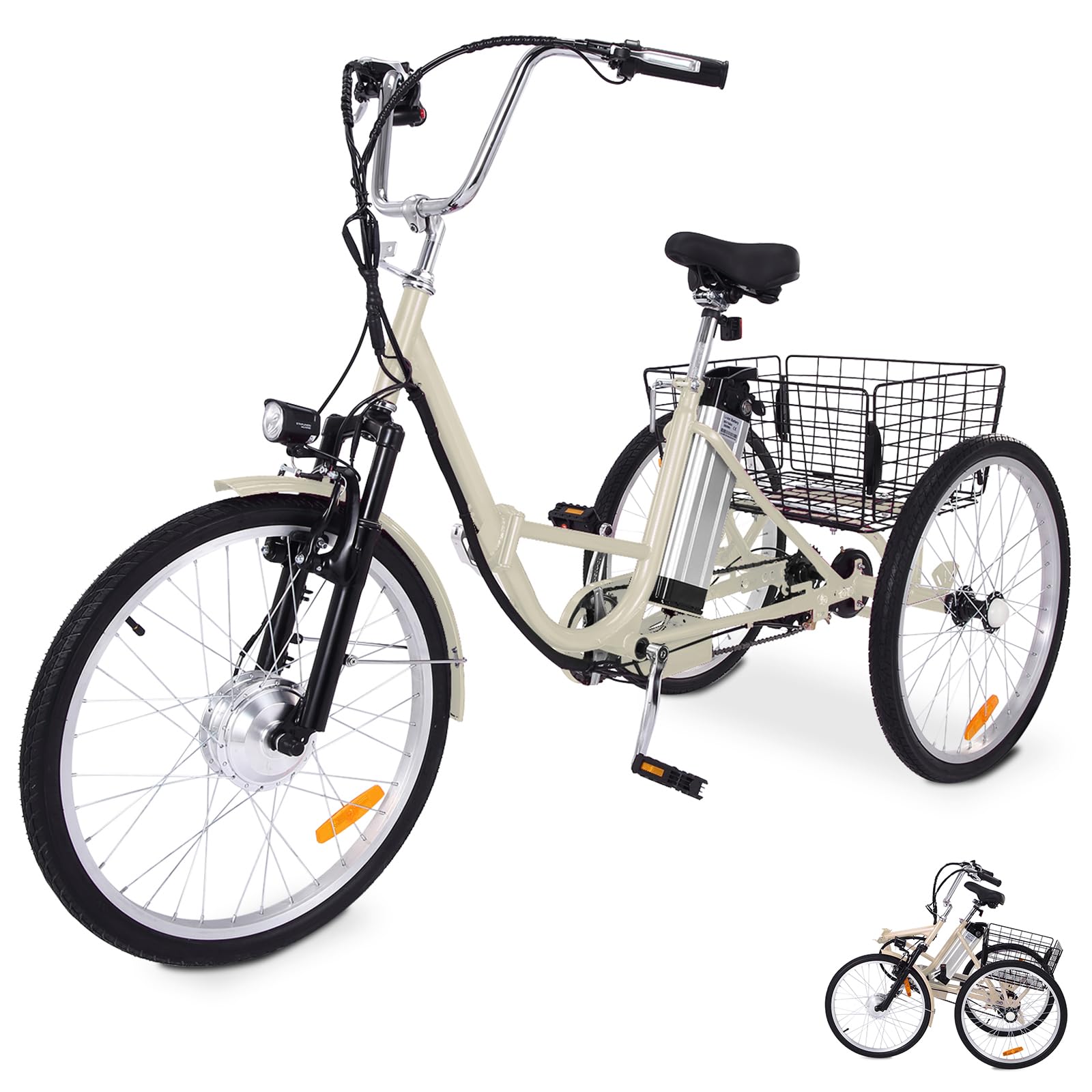 GARVEE 26 Inch Adult Electric Tricycle - Foldable 7-Speed E-Trike with Basket, 36V Removable Battery & 250W Brushless Motor - Commuter & Leisure Ride for Men & Women (Beige) - Perfect for Grocery Shopping, Senior Mobility & Urban Commuting