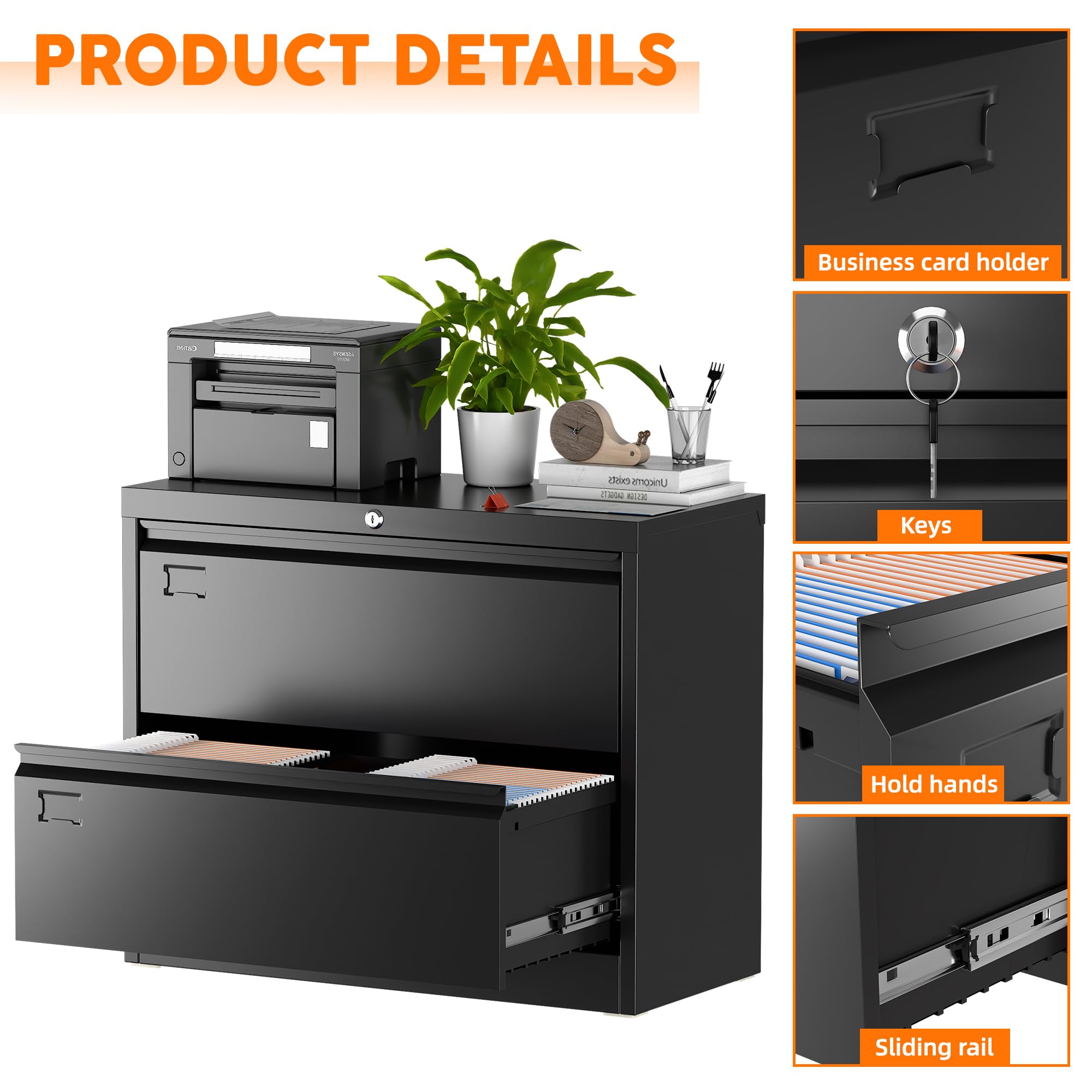 METAN 2-Drawer Metal Lateral Filing Cabinet - Locking Steel File Storage for Legal/Letter/A4 Documents - Black Home Office Organizer | Perfect for Office, Study Room & Home Workspace Organization