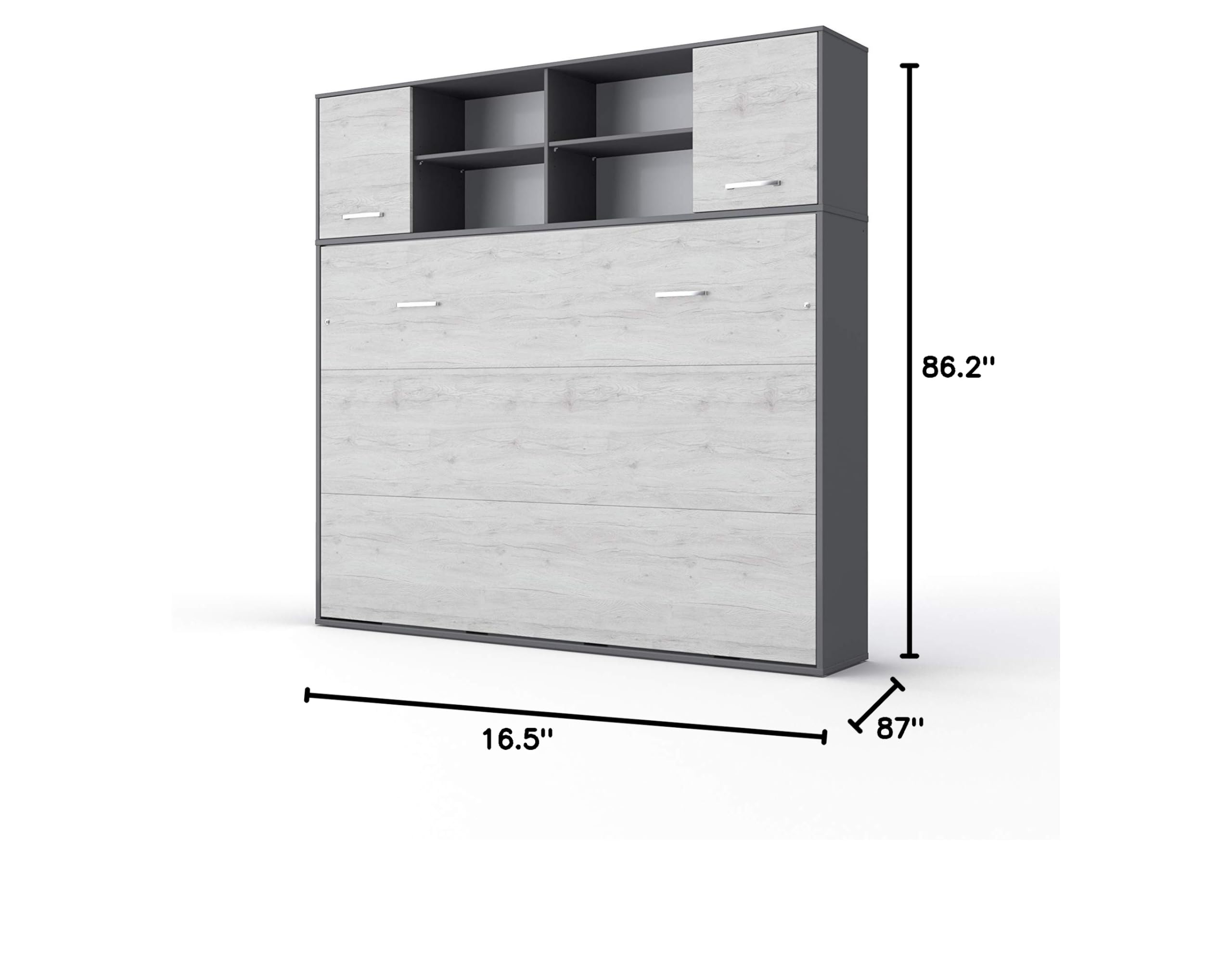 Horizontal Wall Bed with Mattress - European Queen Size Murphy Bed with Storage Cabinet (Grey/White Monaco) - Space Saving Solution for Small Apartments & Guest Rooms