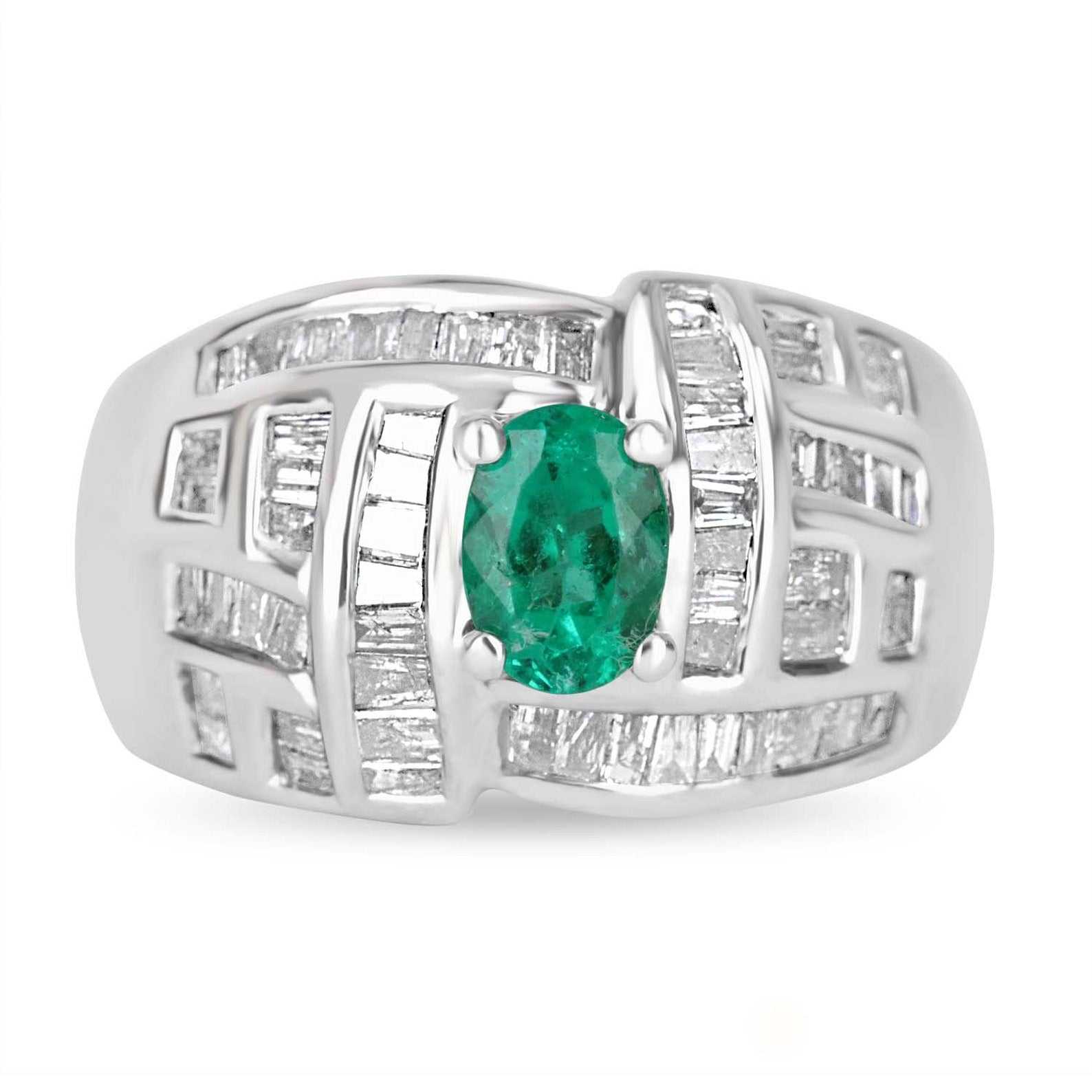 1.0tcw 18K Gold Colombian Emerald Oval Cut & Diamond Baguette Cocktail Ring for Women - Elegant Jewelry Gift for Anniversary, Engagement or Special Occasions