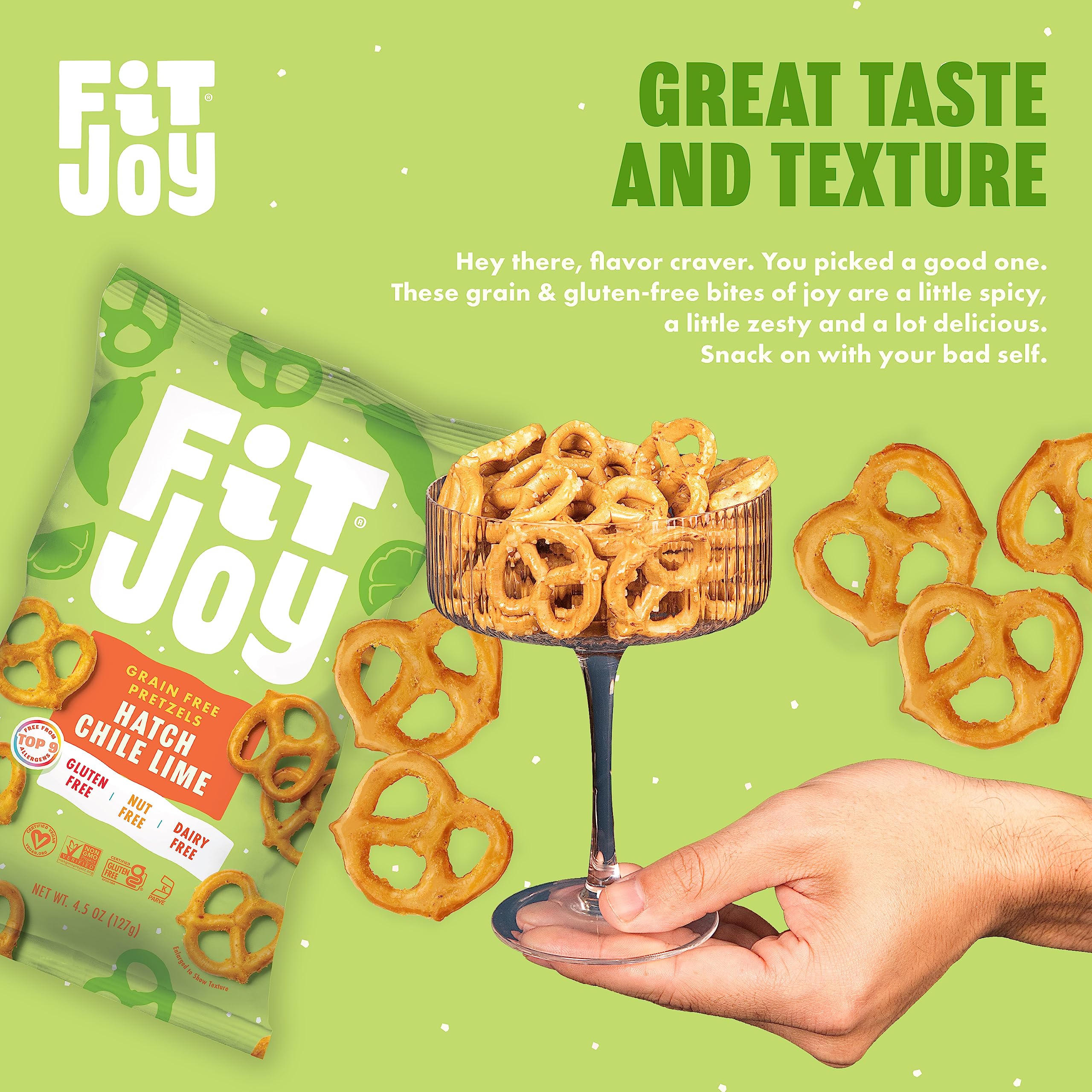 FitJoy Gluten Free Pretzels - Hatch Chile Lime Twists | Grain Free, Non-GMO, Vegan Certified Snacks | Made in USA, Nut Free, Crispy Crunchy Texture | Perfect for Keto Diet, Healthy On-the-Go Snacking & Party Favors (4.5 Oz, 6 Pack)