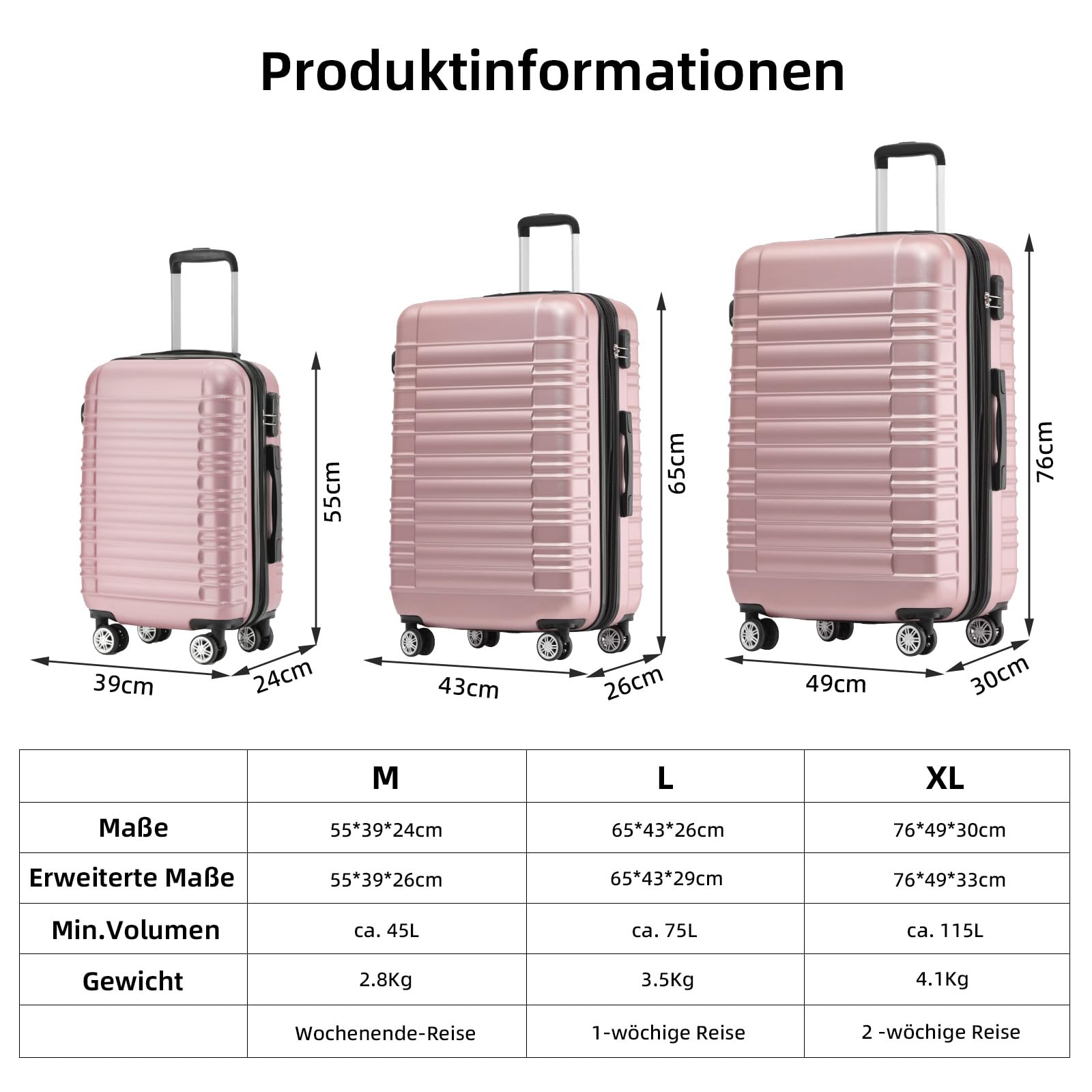 BEIBYE 2088 Expandable Hardshell Luggage Set - Twin Rolling Suitcases (M/L/XL) in 15 Colors - Lightweight Durable Travel Trolley for Business Trips & Family Vacations (Rose Gold)