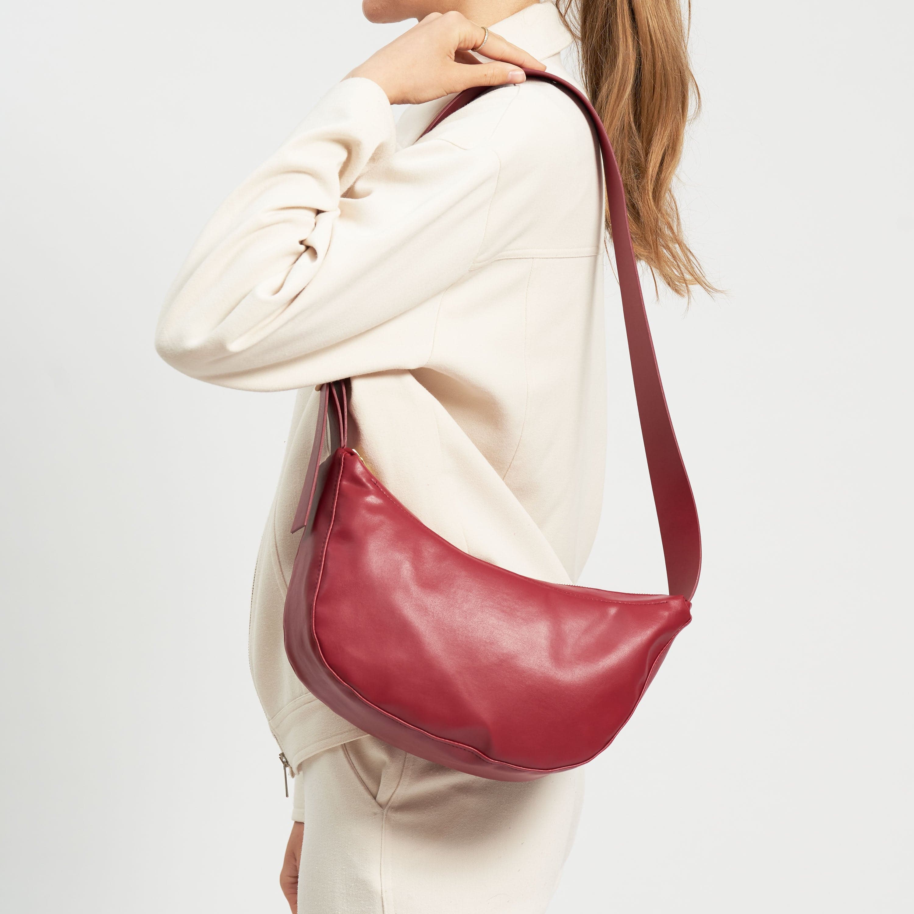 Oleatex Vegan Olive Leather Half Moon Crossbody Bag | Cherry Red | Eco-Friendly Fashion for Women | Perfect for Casual Outings & Evening Events