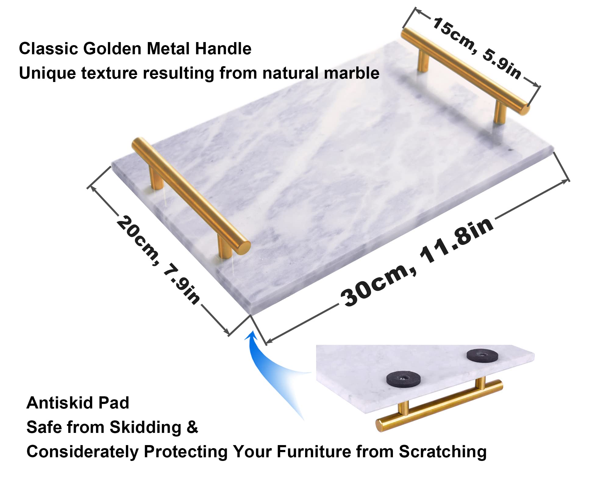 Natural Grey Marble Tray with Gold Metal Handle - 11.8 x 7.9 Inch Decorative Stone Serving Tray for Bathroom, Kitchen, Vanity, Dresser & Nightstand - Perfect for Organizing Jewelry, Cosmetics & Home Decor