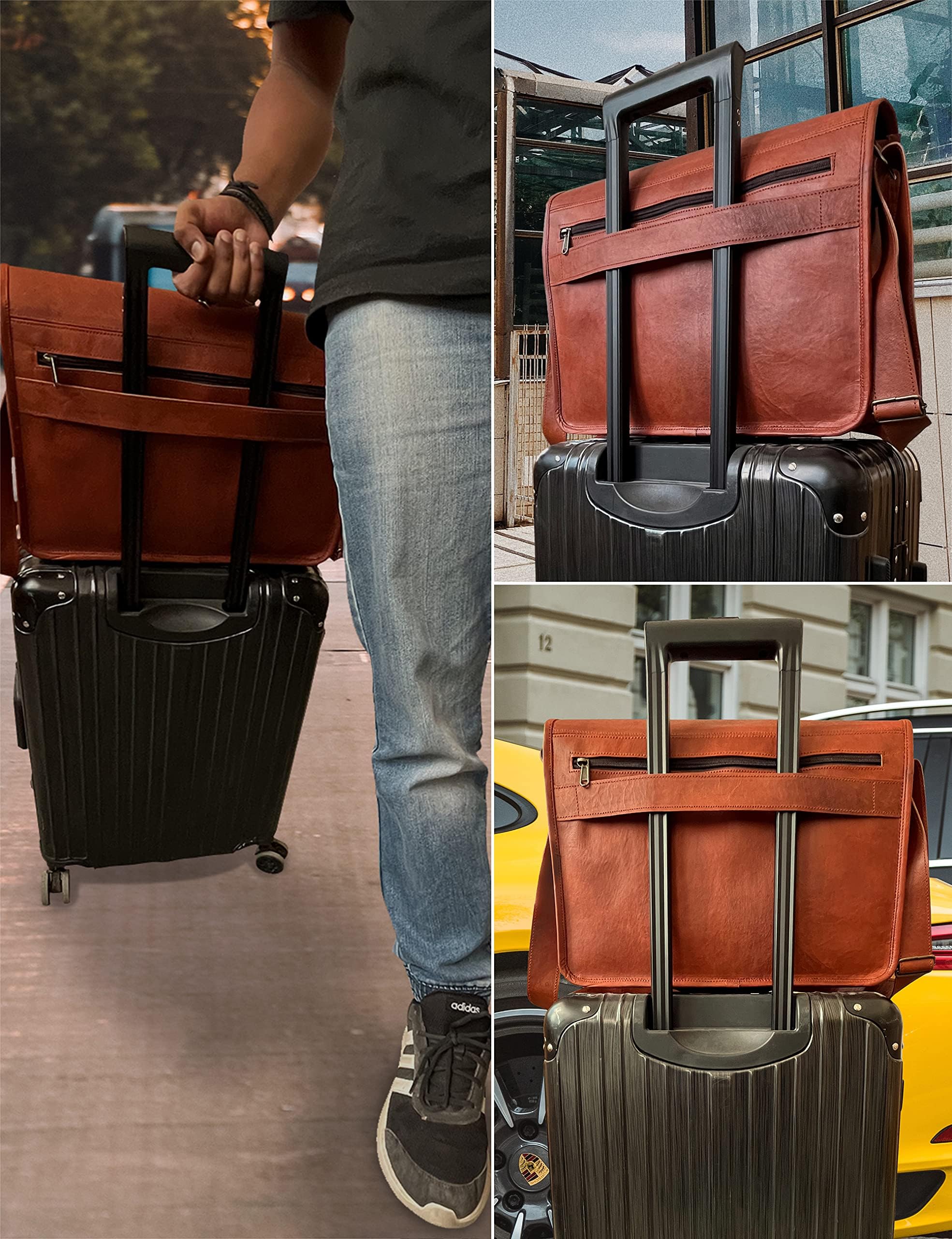 RUSTIC TOWN Genuine Full Grain Leather Messenger Bag for Men & Women - Durable Laptop Satchel Briefcase for Office, Work & Travel - Perfect Business Shoulder Bag for Professionals & Students