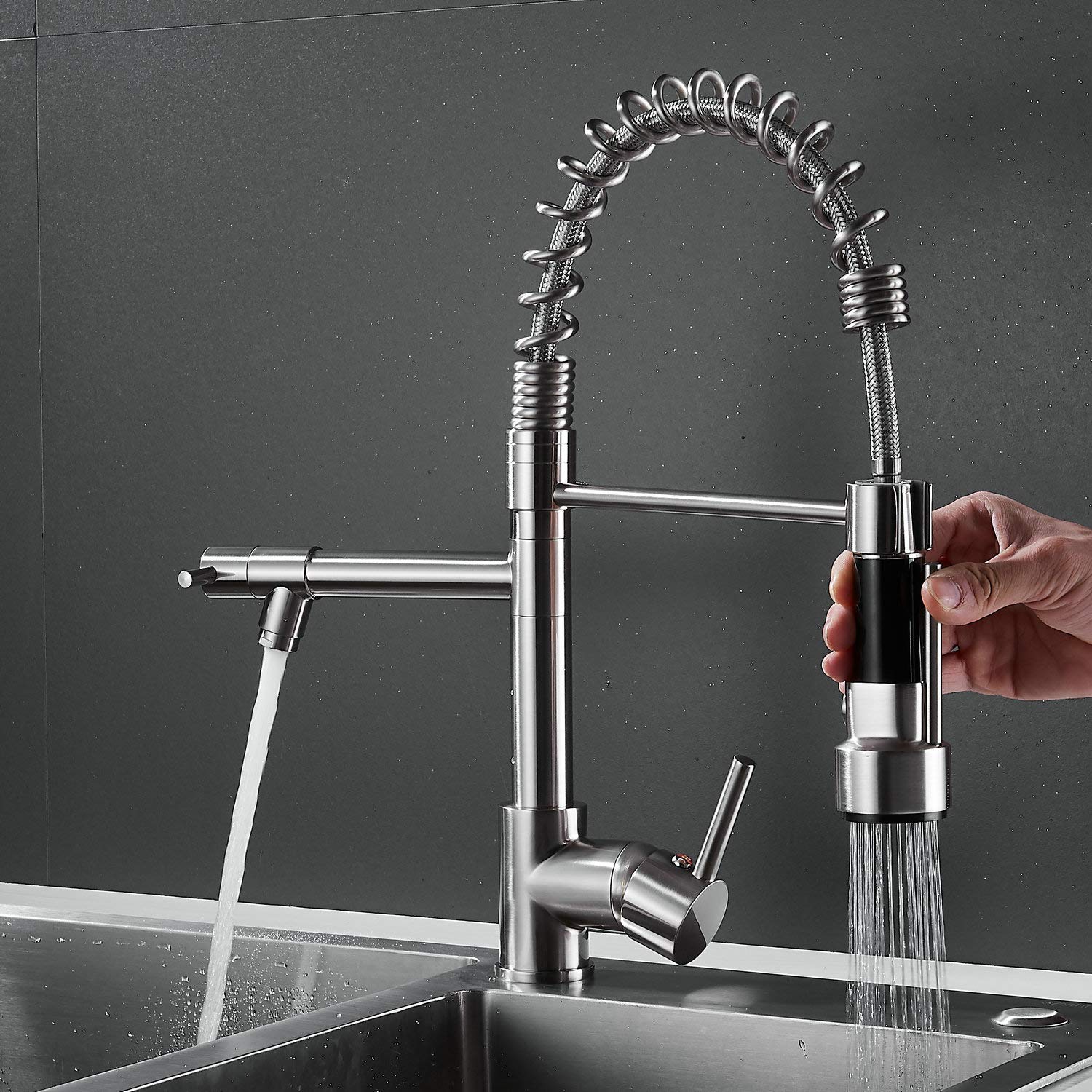 Commercial Single Handle Spring Kitchen Sink Faucet with Pull Down Sprayer - Brushed Nickel Finish (Deck Plate Included) - Ideal for Restaurant, Home Kitchen & Commercial Use